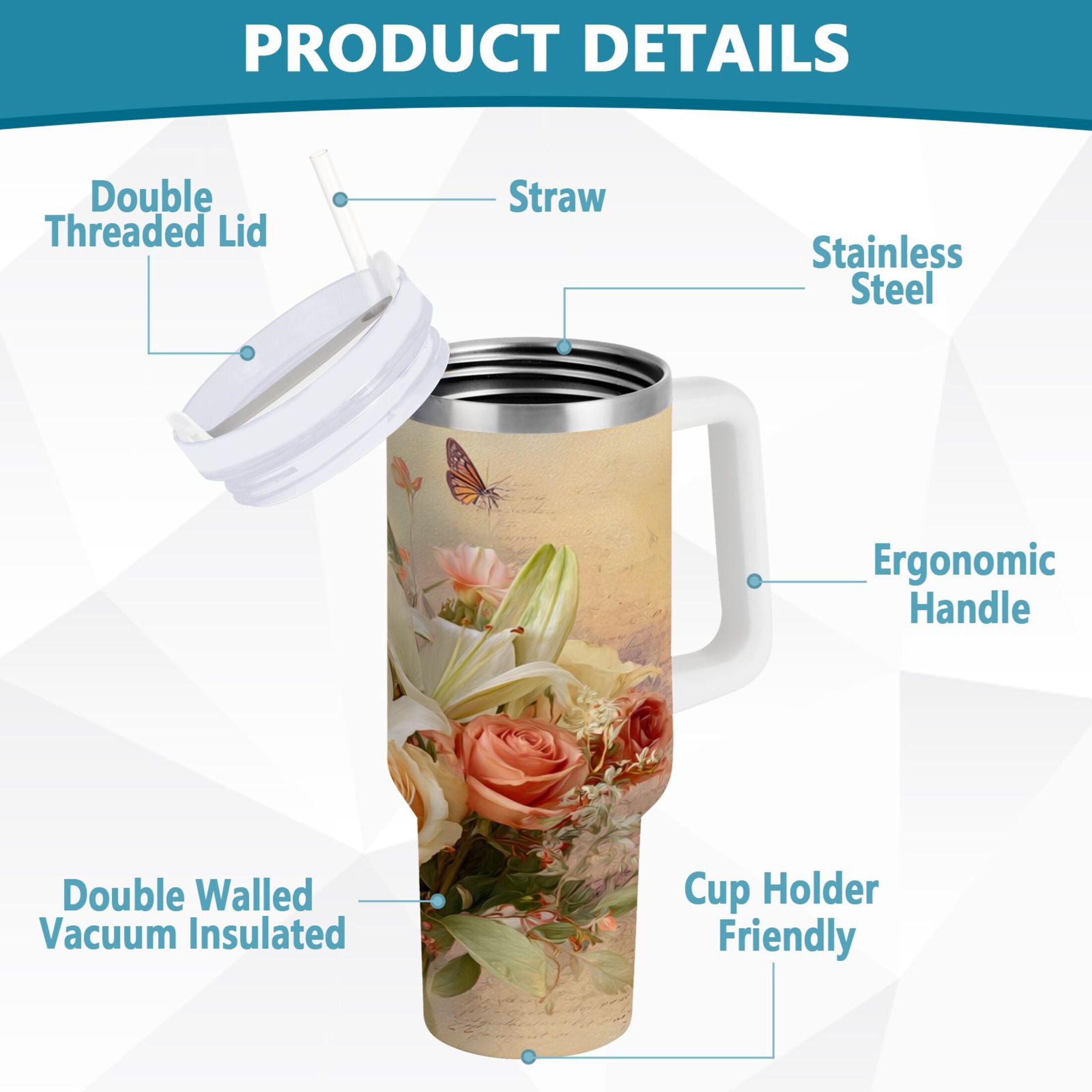 30 oz Insulated Stainless Steel Tumbler Double Wall Stainless Steel Tumbler with 2-Way Drinking Beautiful Floral Bouquet 6VPV