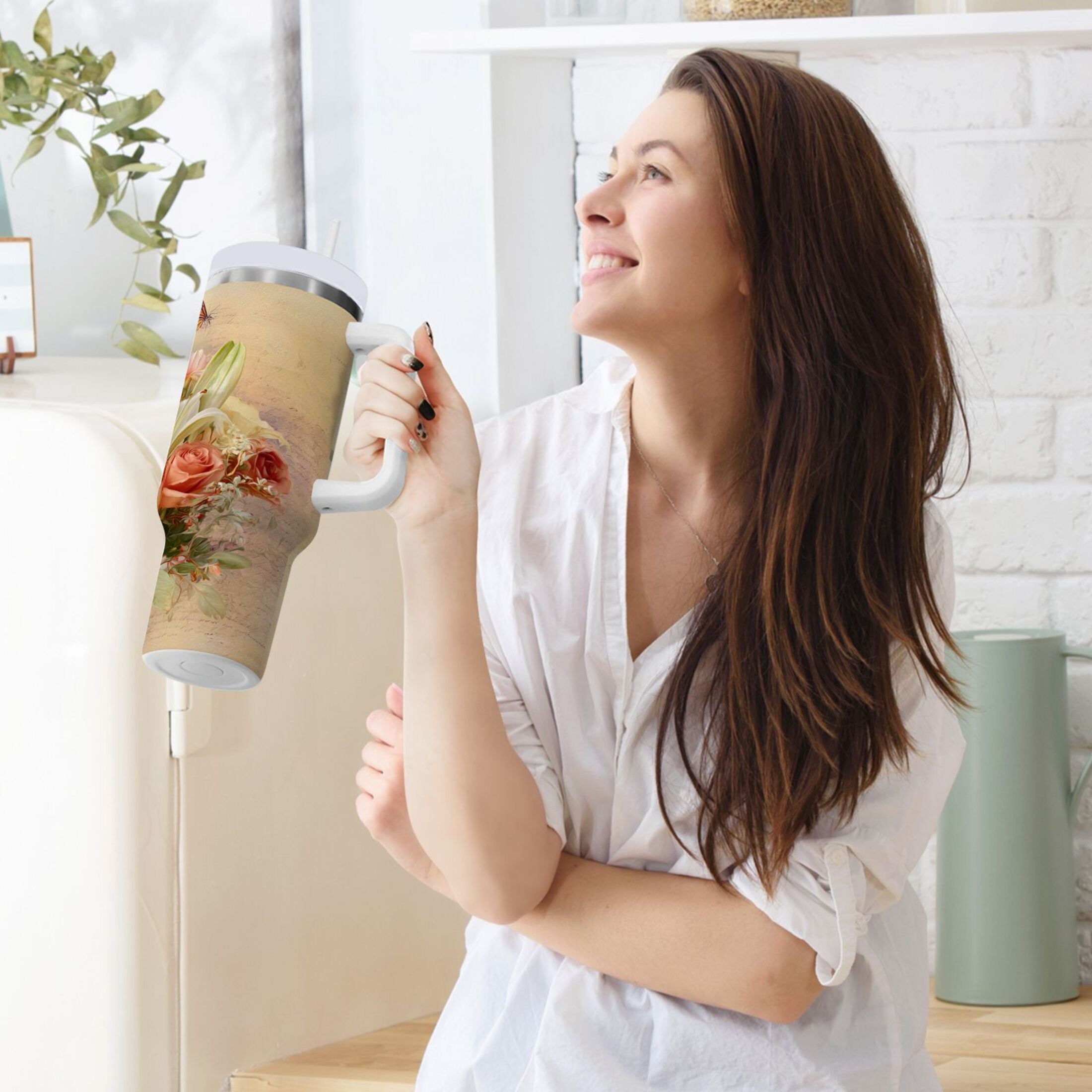 30 oz Insulated Stainless Steel Tumbler Double Wall Stainless Steel Tumbler with 2-Way Drinking Beautiful Floral Bouquet 6VPV