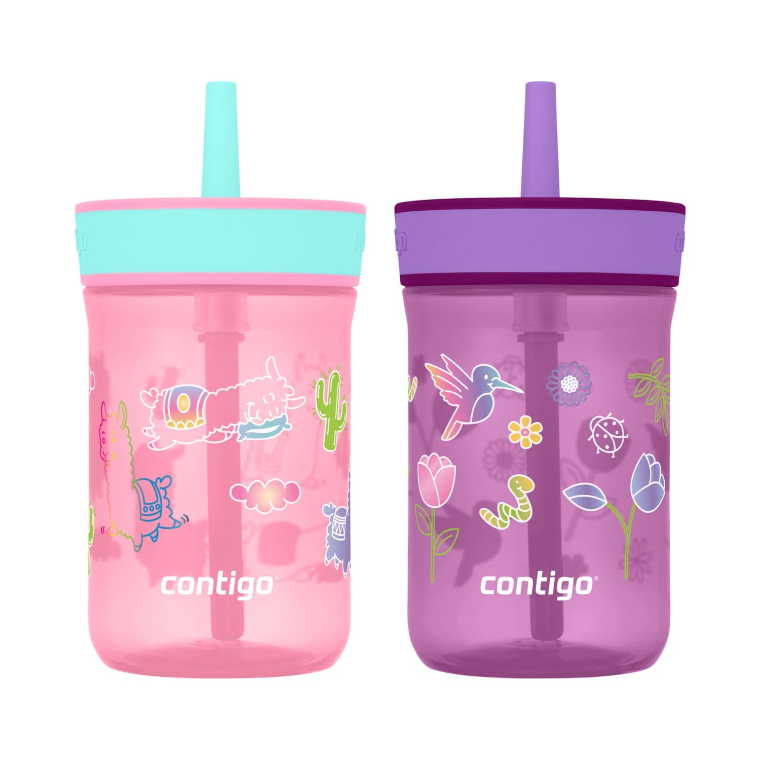Contigo Kids Leighton Spill-Proof Tumbler with Straw, Ages 3+, Pink and Purple, 14 oz, 2 Pack BCPZ