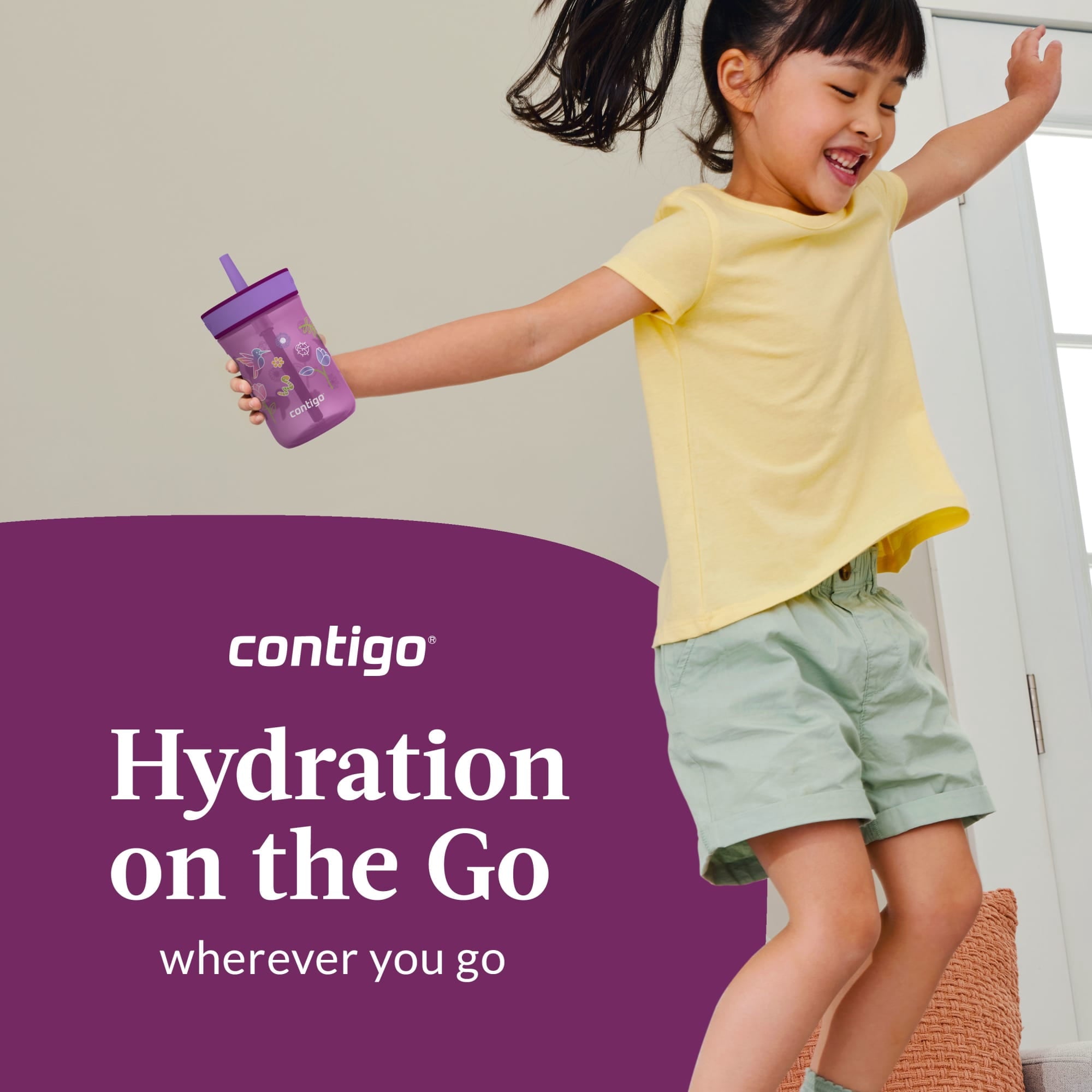 Contigo Kids Leighton Spill-Proof Tumbler with Straw, Ages 3+, Pink and Purple, 14 oz, 2 Pack BCPZ