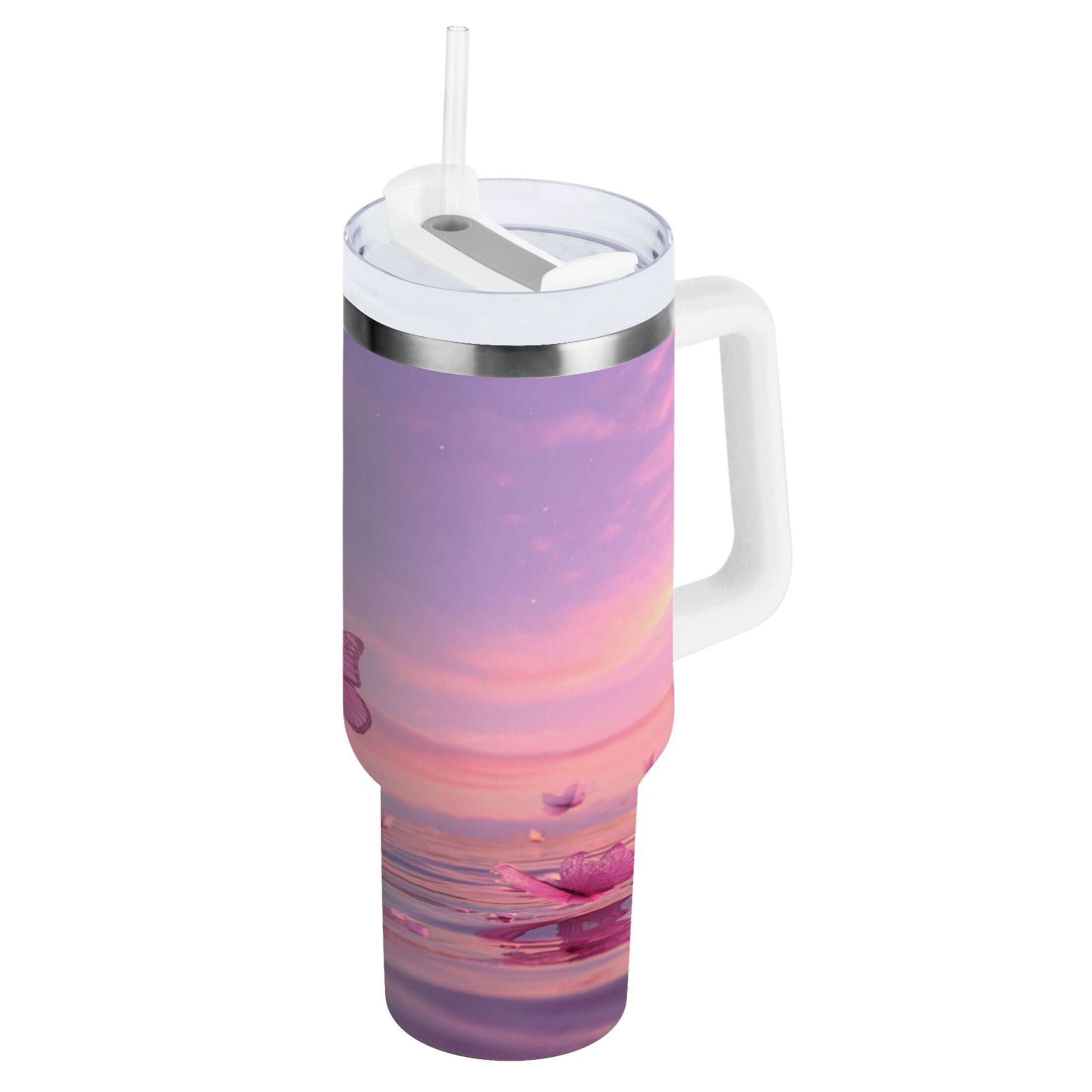 30 oz Insulated Stainless Steel Tumbler Double Wall Stainless Steel Tumbler with 2-Way Drinking Pink Butterflies Flying DI8E