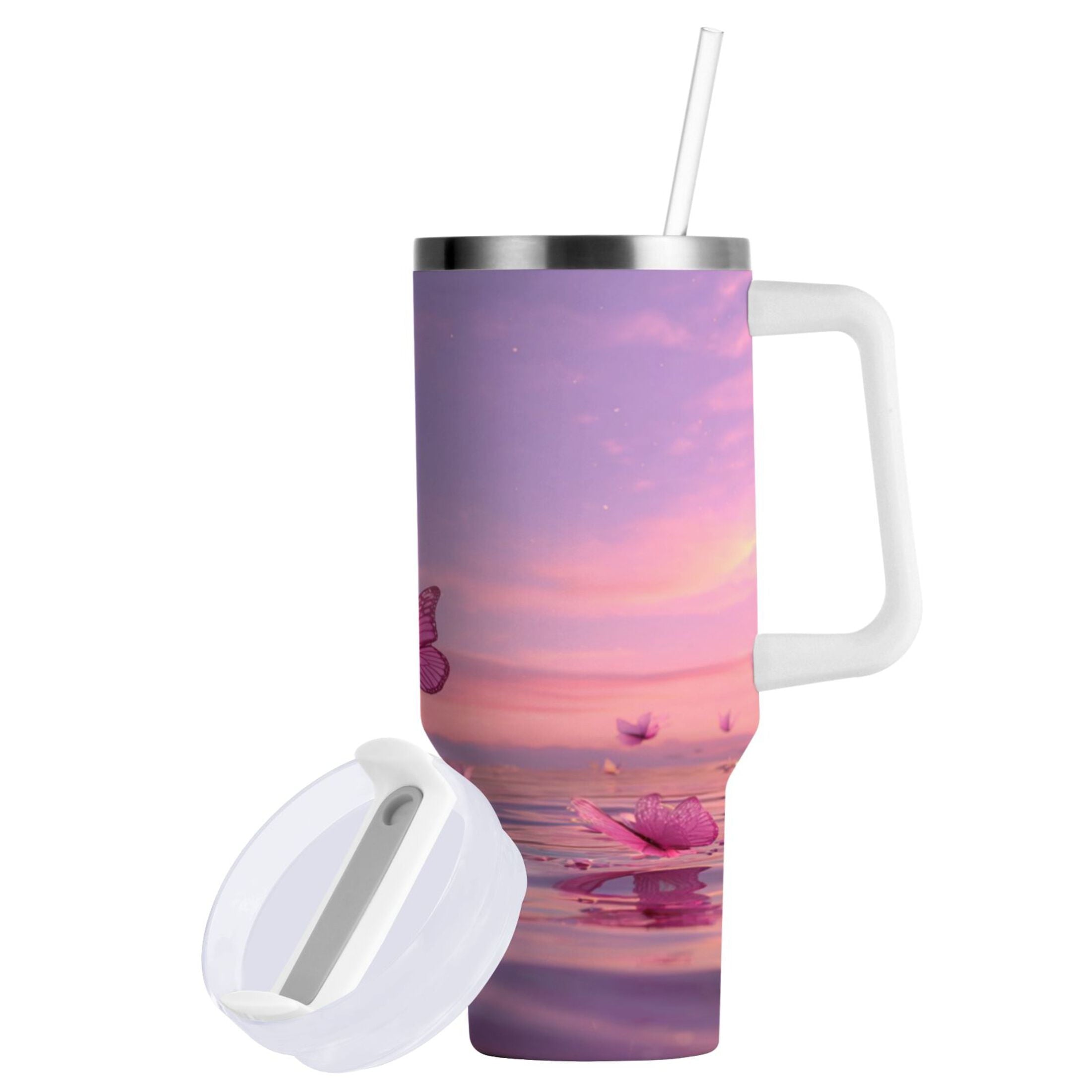 30 oz Insulated Stainless Steel Tumbler Double Wall Stainless Steel Tumbler with 2-Way Drinking Pink Butterflies Flying DI8E