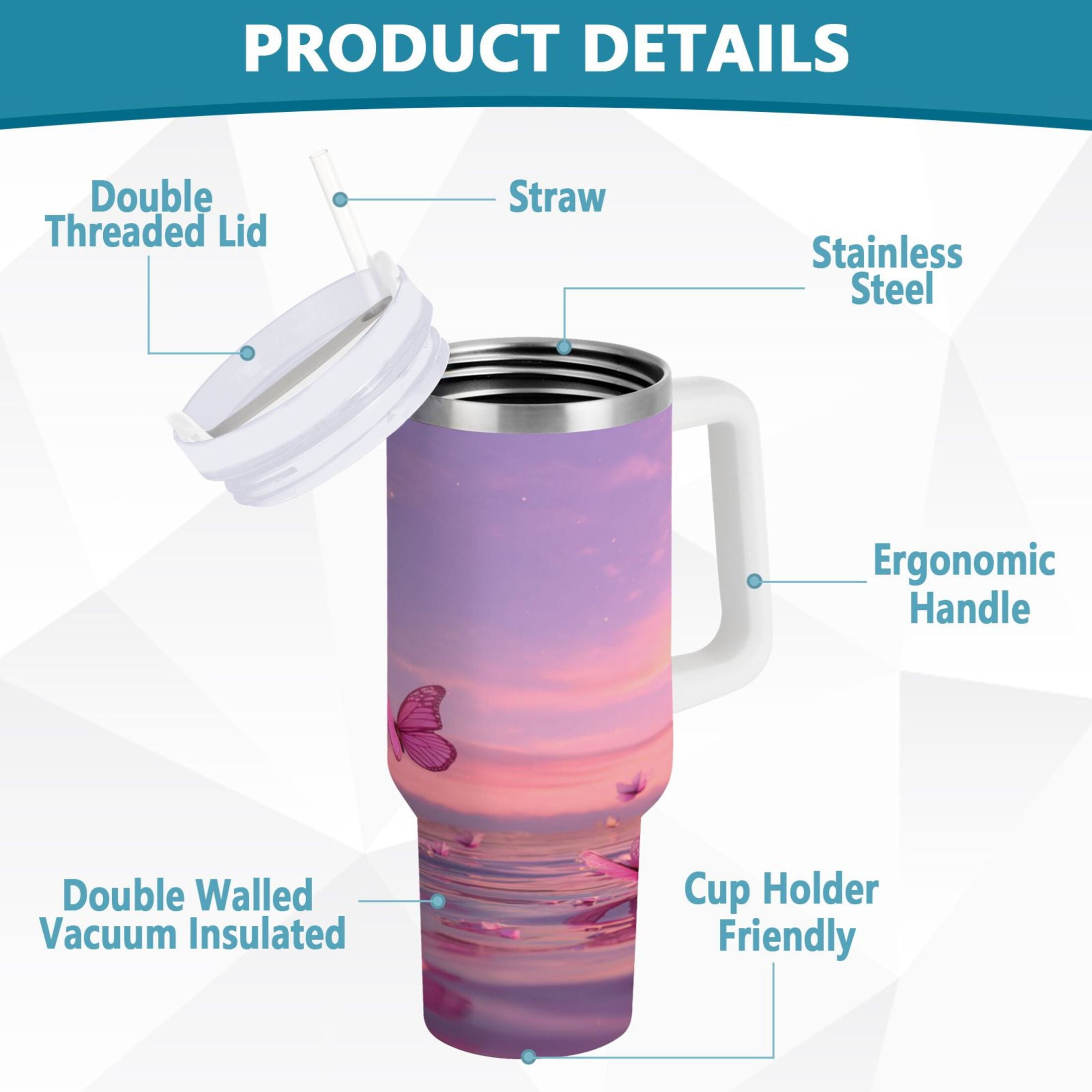 30 oz Insulated Stainless Steel Tumbler Double Wall Stainless Steel Tumbler with 2-Way Drinking Pink Butterflies Flying DI8E