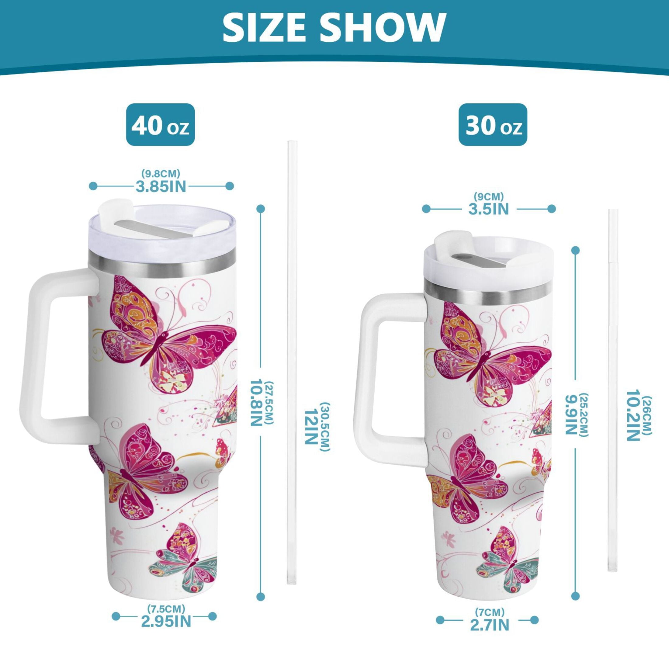 30 oz Insulated Stainless Steel Tumbler Double Wall Stainless Steel Tumbler with 2-Way Drinking Colorful Butterflies IF9M