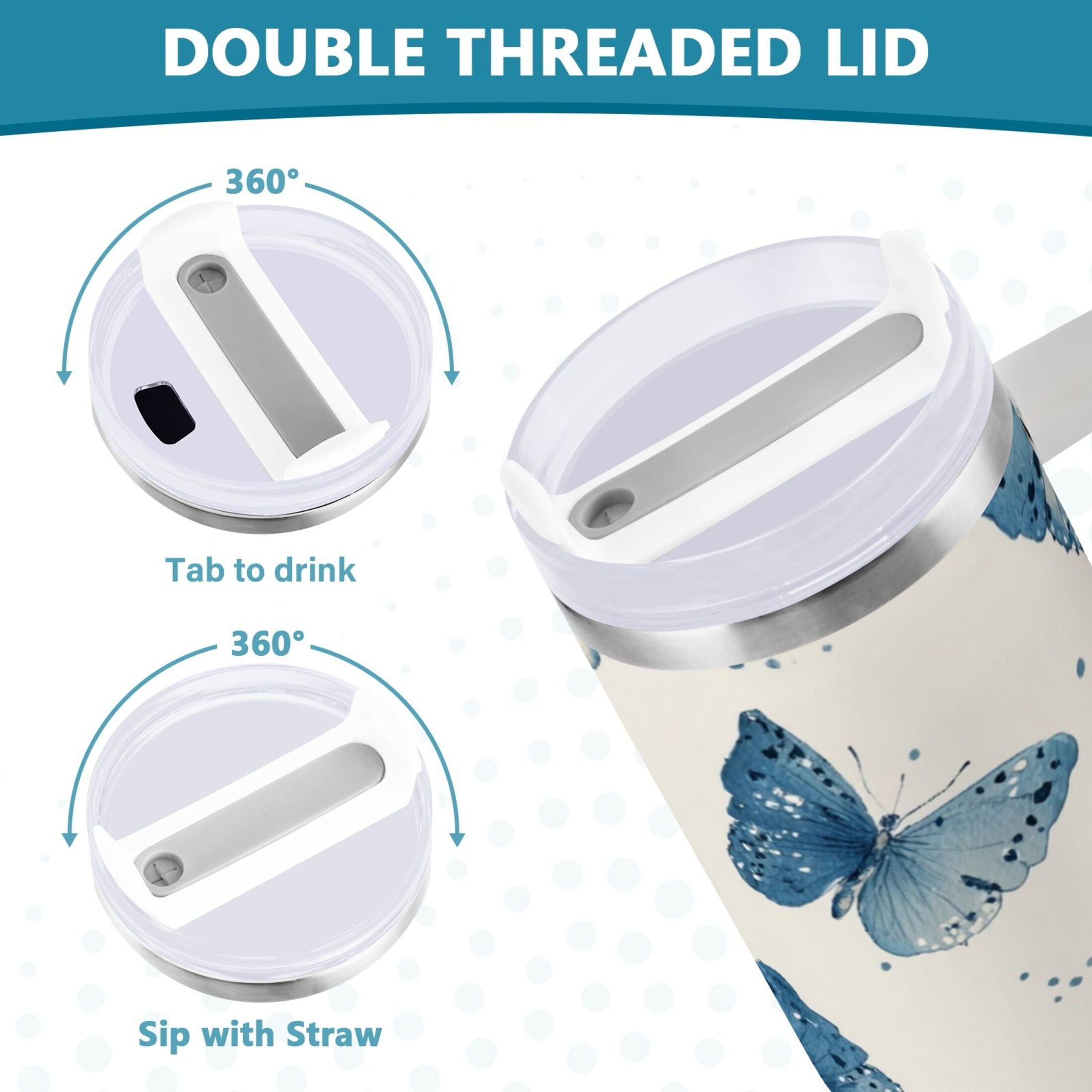 30 oz Insulated Stainless Steel Tumbler Double Wall Stainless Steel Tumbler with 2-Way Drinking Blue Watercolor Butterflies 5KFT