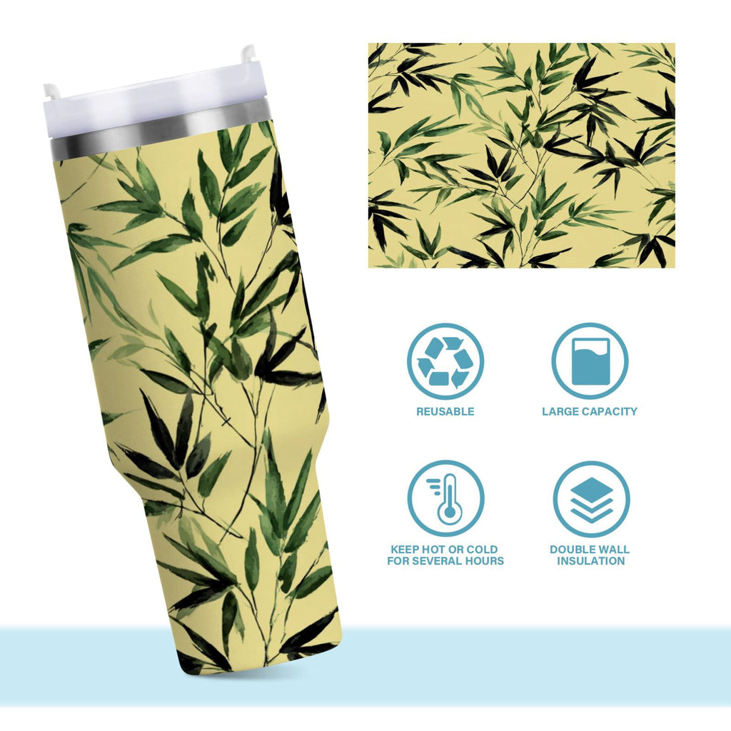 30 oz Insulated Stainless Steel Tumbler Double Wall Stainless Steel Tumbler with 2-Way Drinking Bamboo and Green Leaves 2EPZ