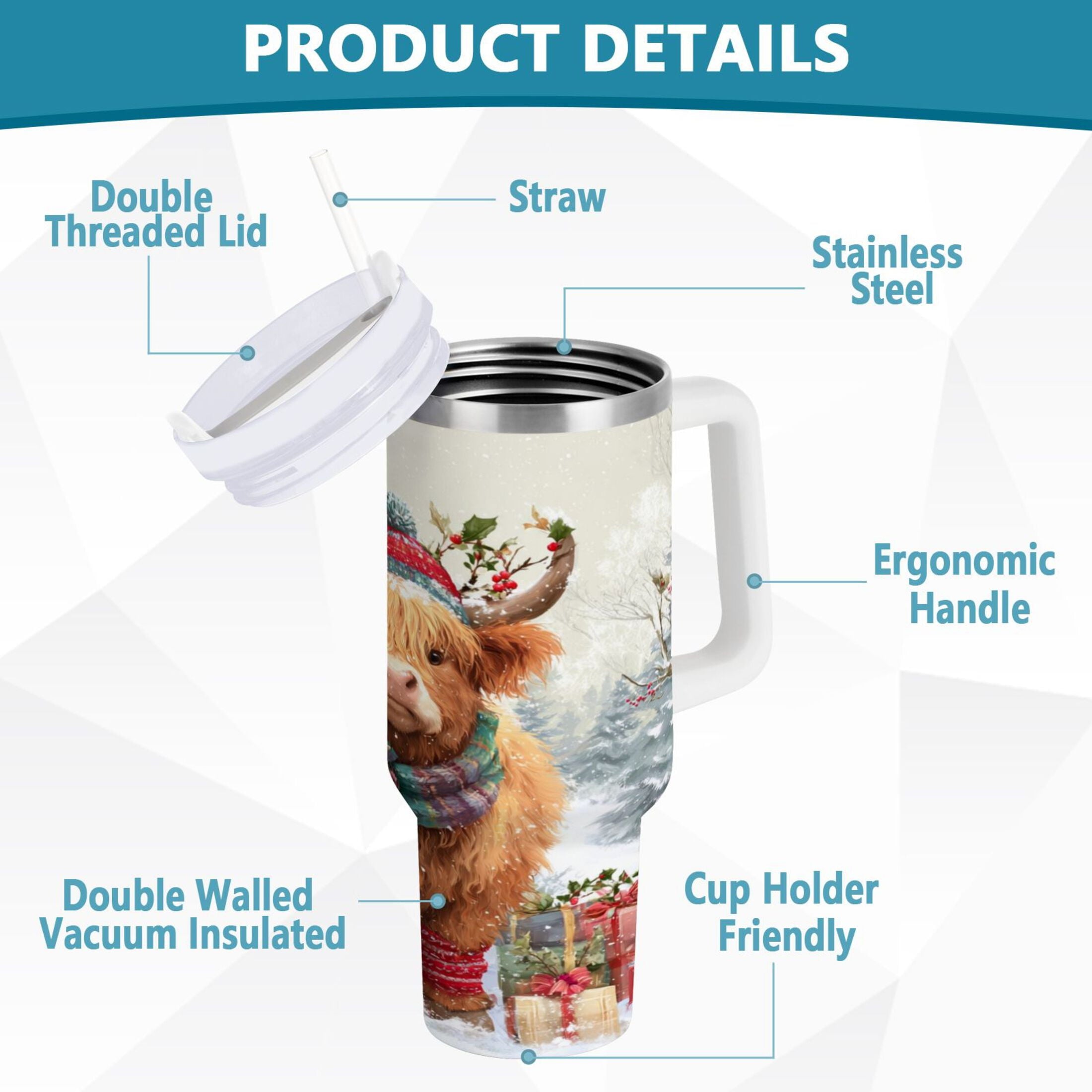 30 oz Insulated Stainless Steel Tumbler Double Wall Stainless Steel Tumbler with 2-Way Drinking Cow Wearing Christmas Hat ODCE