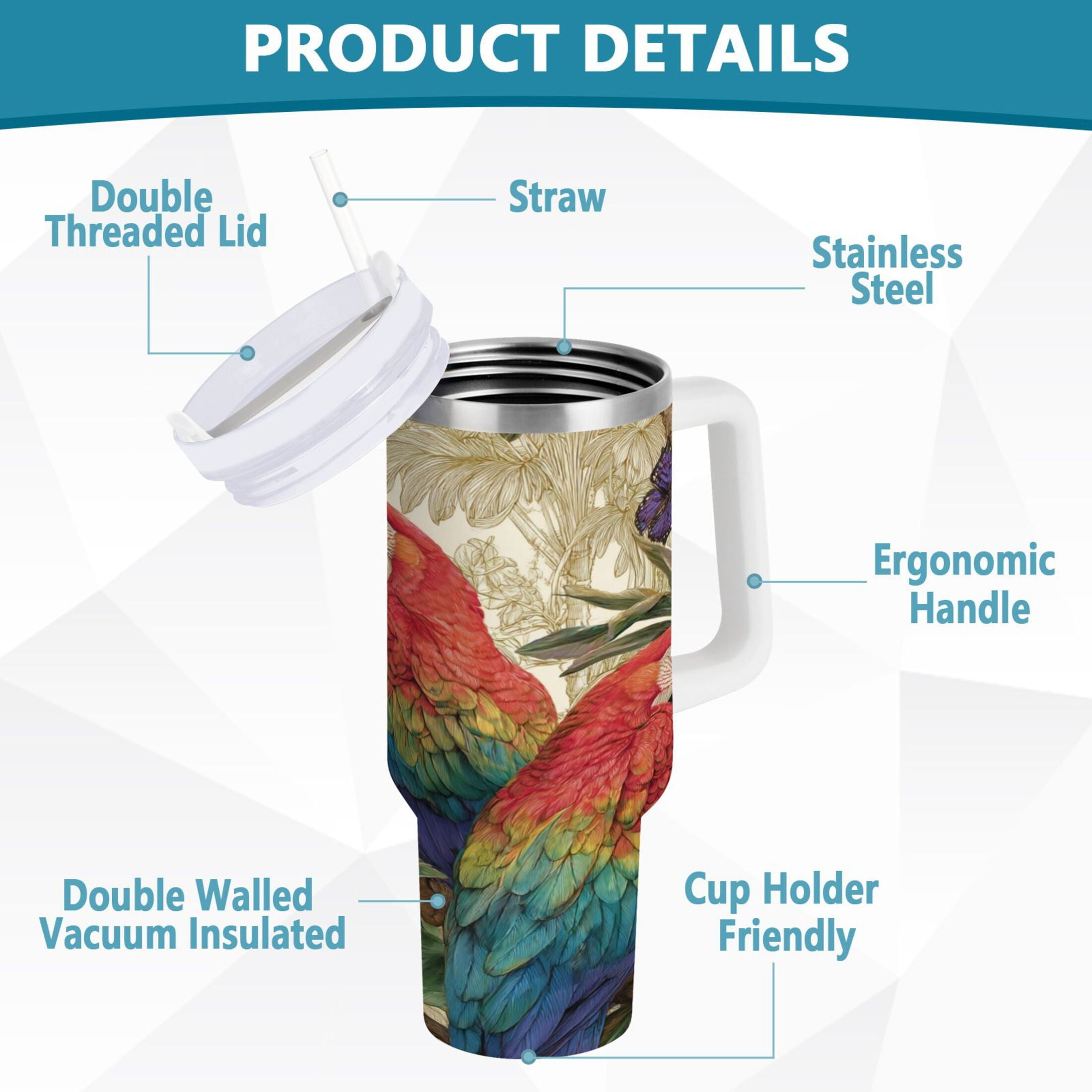 30 oz Insulated Stainless Steel Tumbler Double Wall Stainless Steel Tumbler with 2-Way Drinking Colorful Beautiful Parrots IVHL