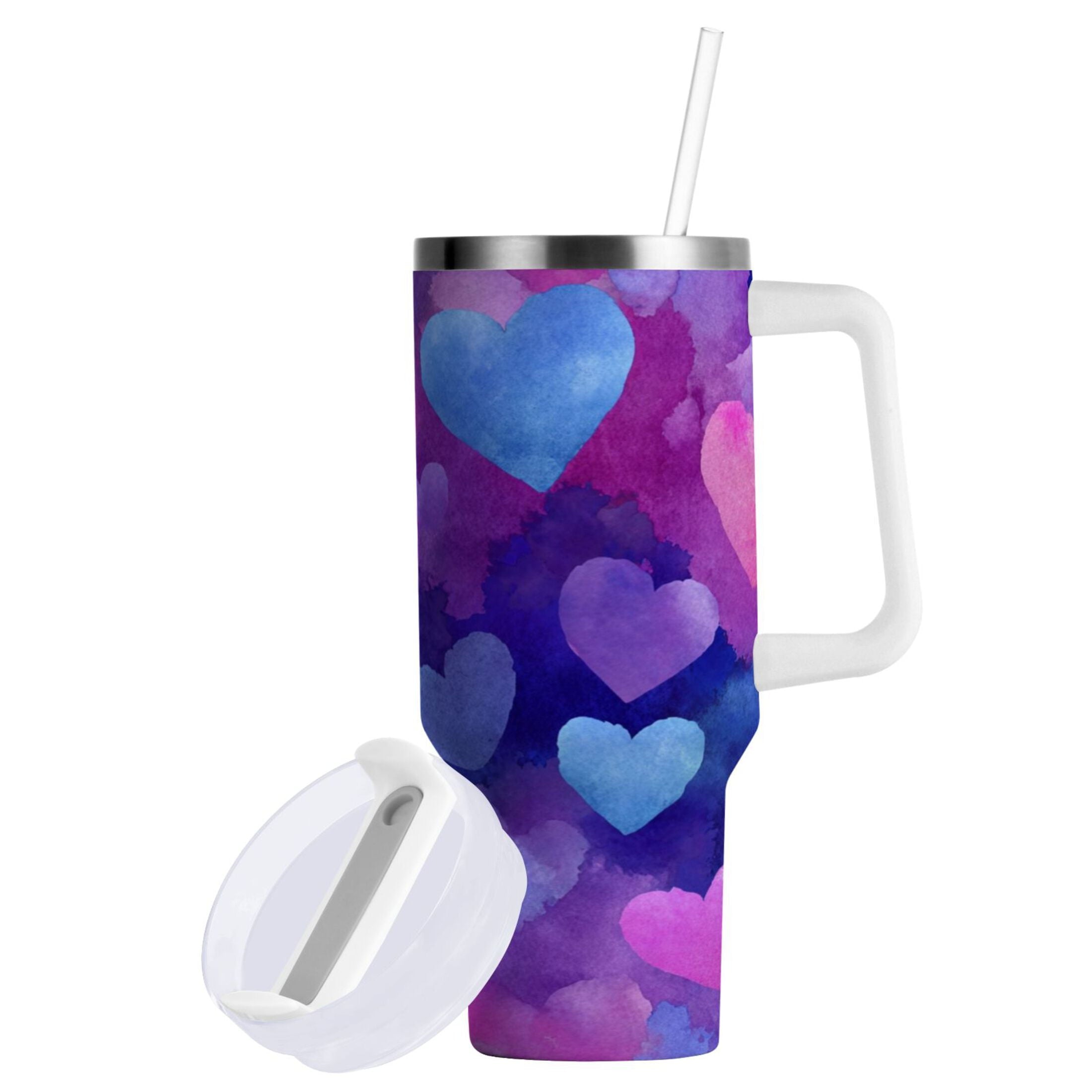30 oz Insulated Stainless Steel Tumbler Double Wall Stainless Steel Tumbler with 2-Way Drinking Indigo and Violet Hearts KHND