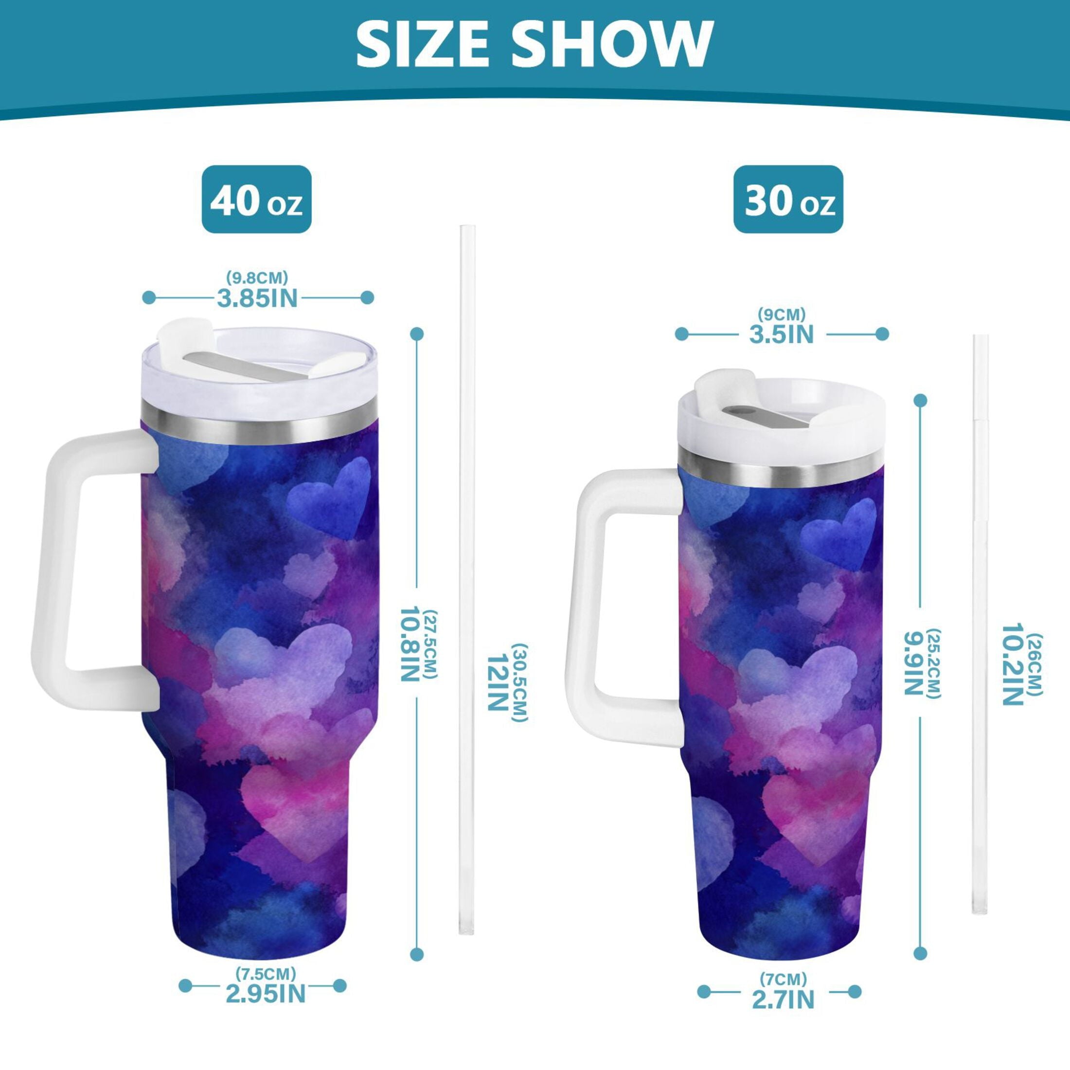 30 oz Insulated Stainless Steel Tumbler Double Wall Stainless Steel Tumbler with 2-Way Drinking Indigo and Violet Hearts KHND