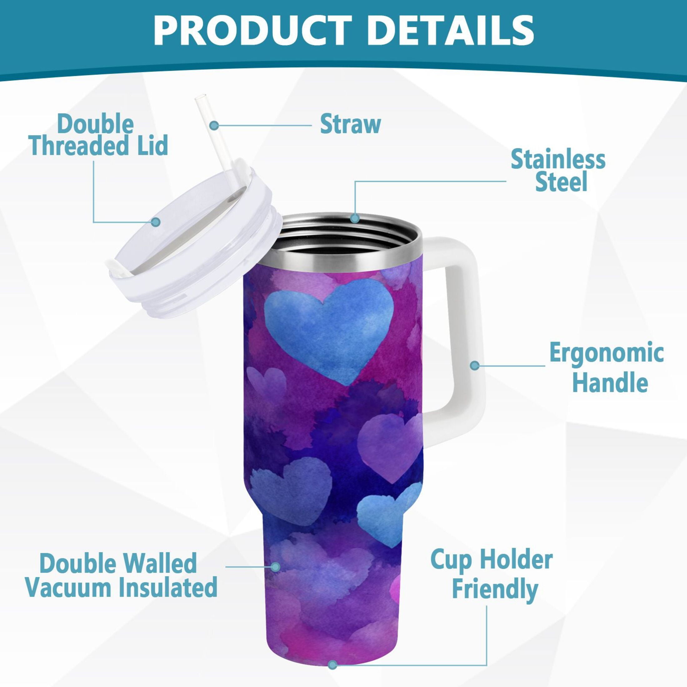 30 oz Insulated Stainless Steel Tumbler Double Wall Stainless Steel Tumbler with 2-Way Drinking Indigo and Violet Hearts KHND