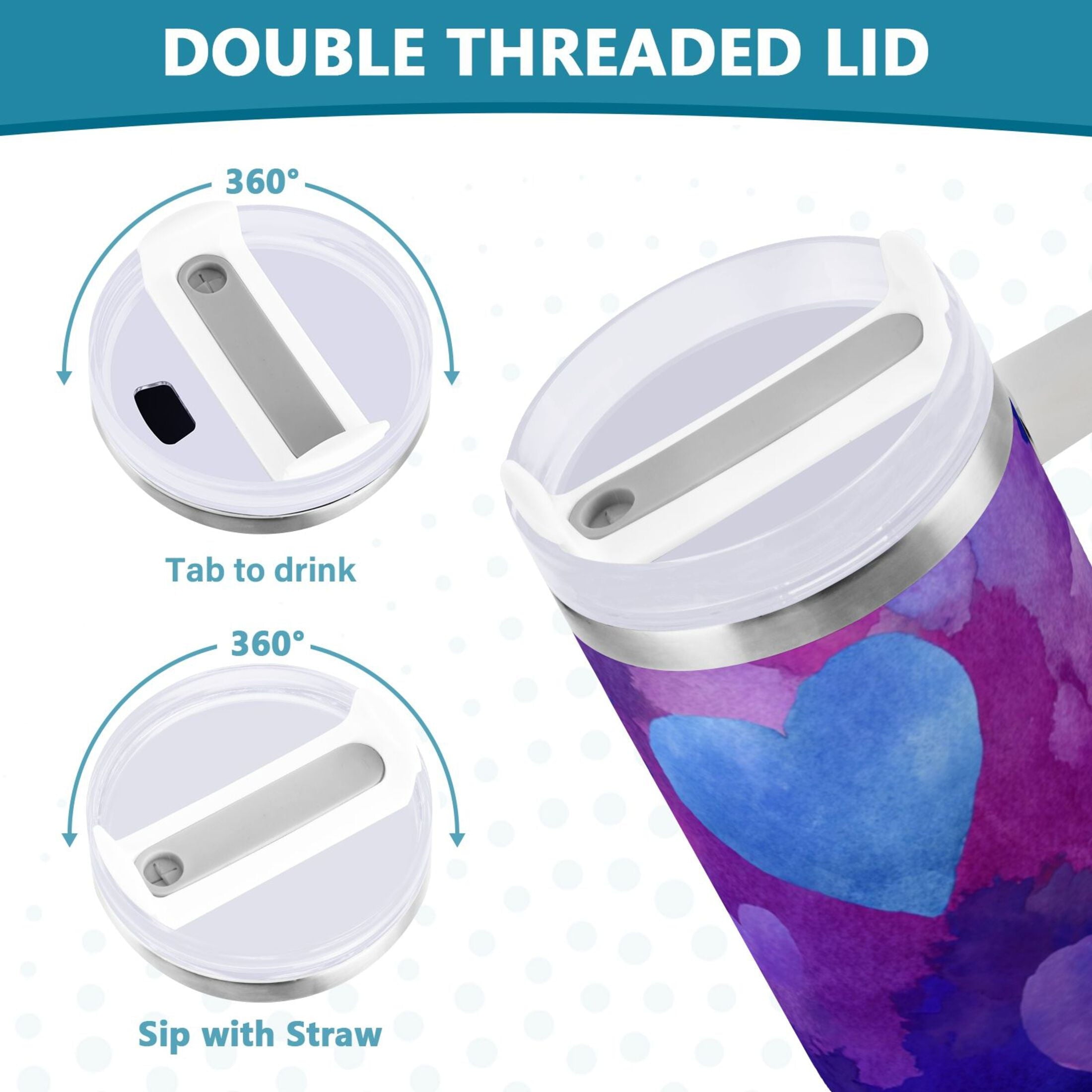 30 oz Insulated Stainless Steel Tumbler Double Wall Stainless Steel Tumbler with 2-Way Drinking Indigo and Violet Hearts KHND