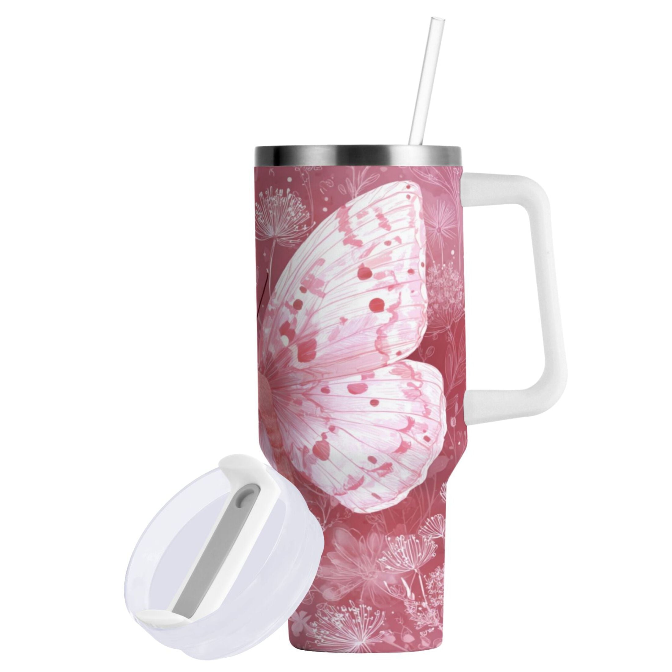 30 oz Insulated Stainless Steel Tumbler Double Wall Stainless Steel Tumbler with 2-Way Drinking Soft Pink Butterfly F6BY
