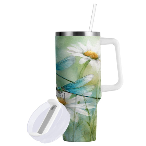 30 oz Insulated Stainless Steel Tumbler Double Wall Stainless Steel Tumbler with 2-Way Drinking Beautiful Dragonflies and Daisies SXTZ
