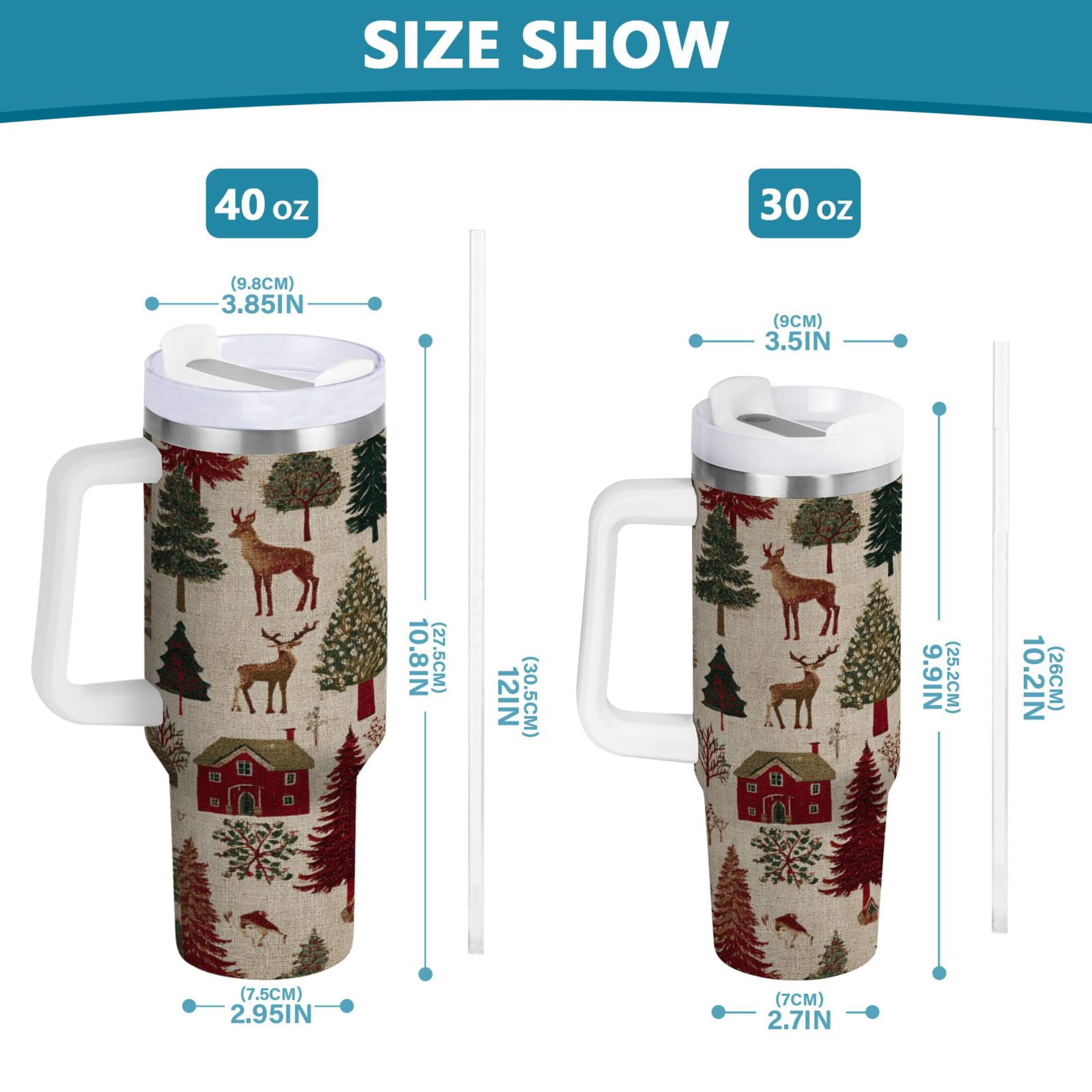 30 oz Insulated Stainless Steel Tumbler Double Wall Stainless Steel Tumbler with 2-Way Drinking Christmas Trees Deer and Houses FXXO