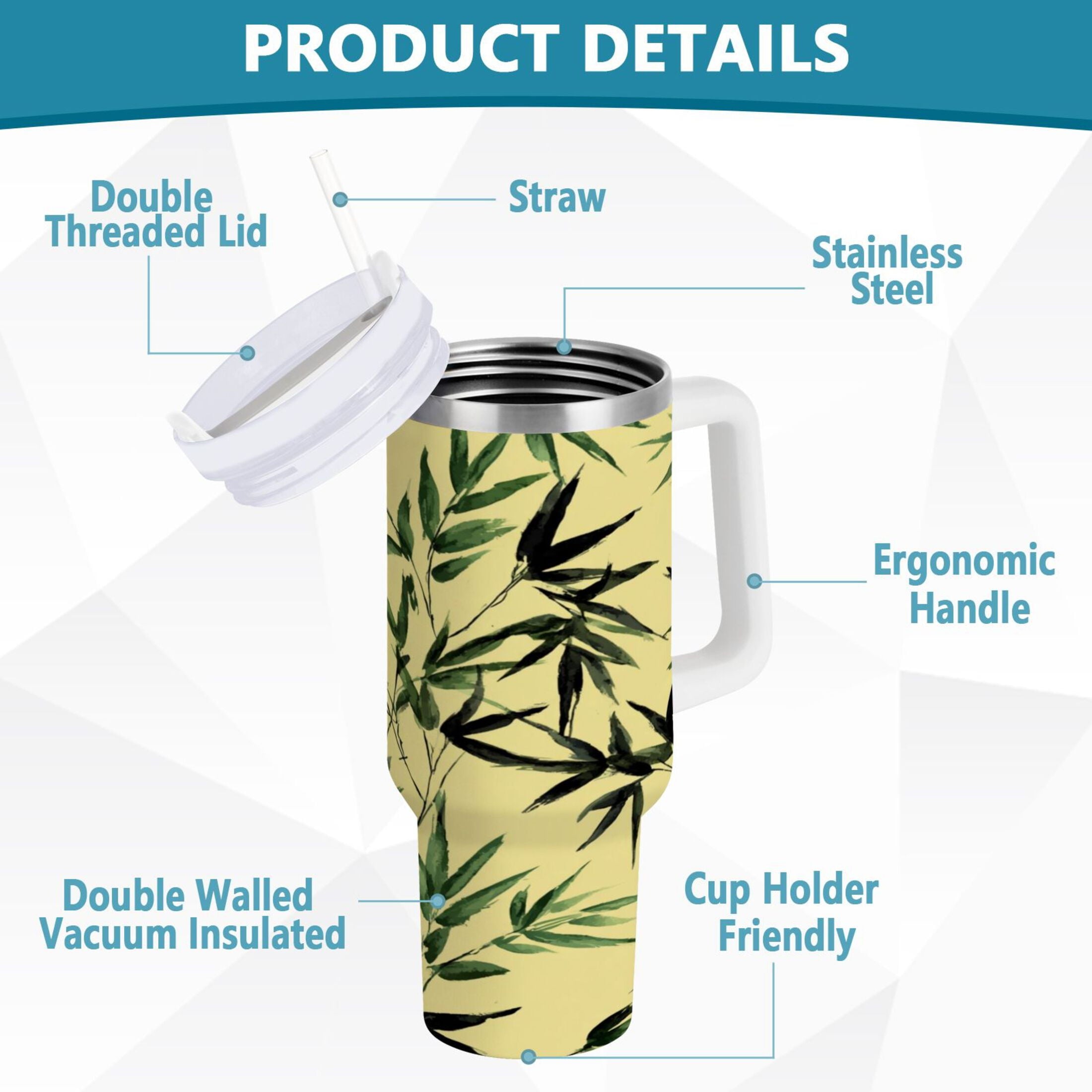 30 oz Insulated Stainless Steel Tumbler Double Wall Stainless Steel Tumbler with 2-Way Drinking Bamboo and Green Leaves 2EPZ