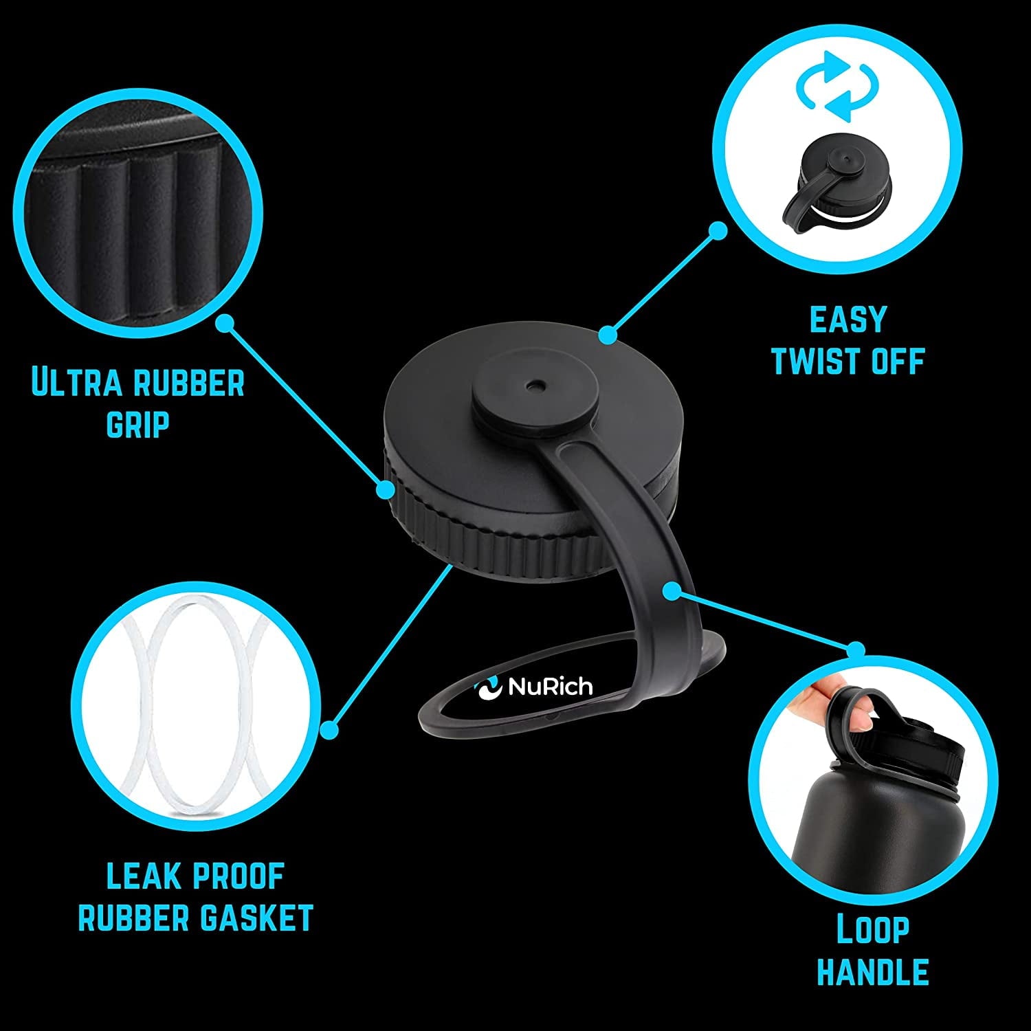 NuRich Loop Top Lid for Wide Mouth Hydro Flask, Nalgene &amp; Simple Water Bottles OOSD