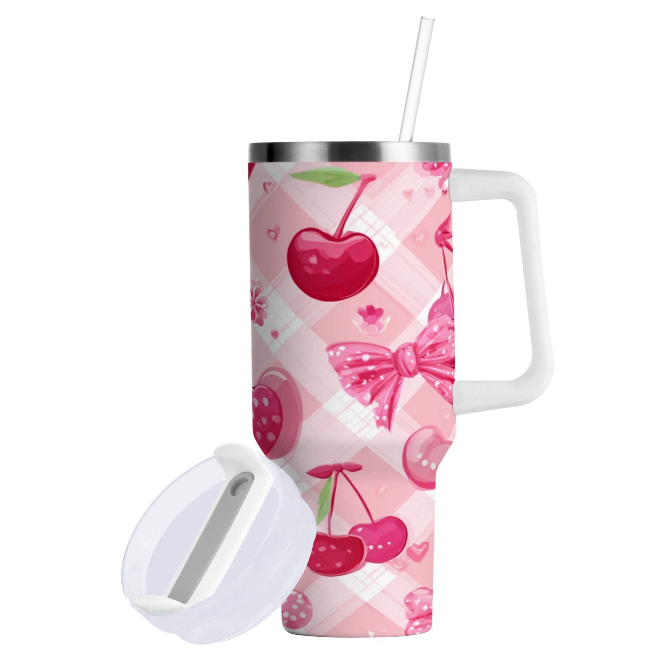 30 oz Insulated Stainless Steel Tumbler Double Wall Stainless Steel Tumbler with 2-Way Drinking Cherry and Pink Bow Pattern 9I0U