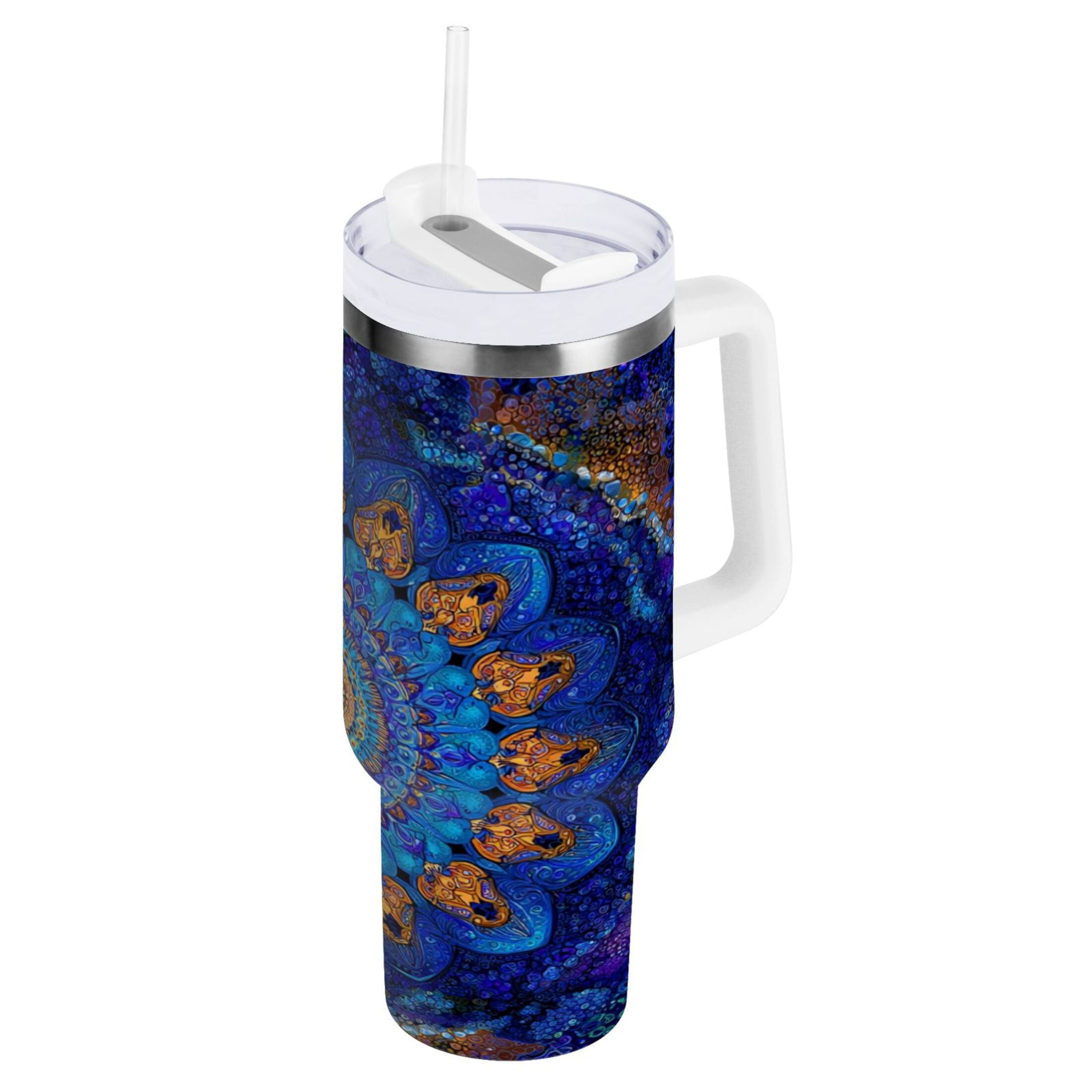 30 oz Insulated Stainless Steel Tumbler Double Wall Stainless Steel Tumbler with 2-Way Drinking Blue Kaleidoscopic Pattern JV83