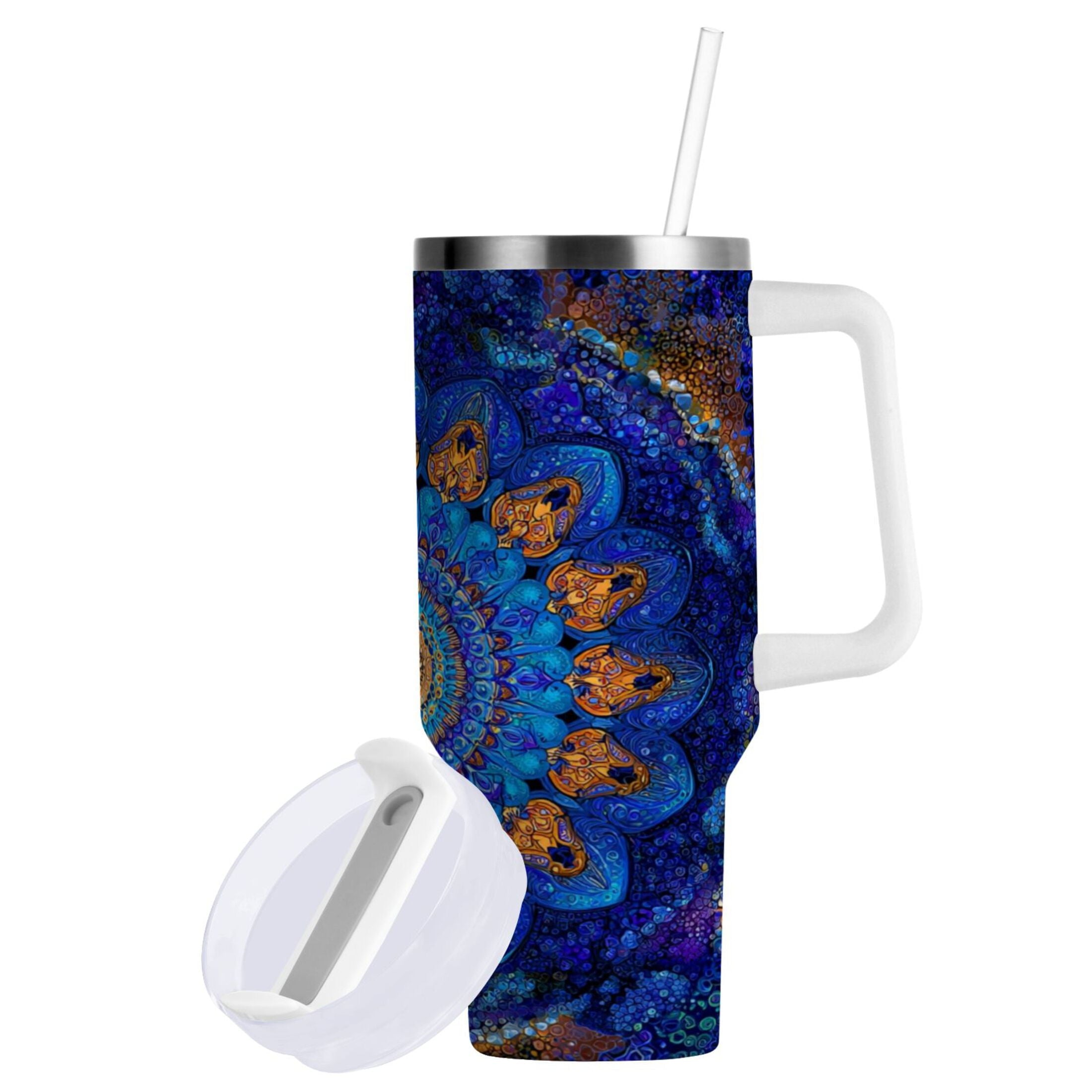 30 oz Insulated Stainless Steel Tumbler Double Wall Stainless Steel Tumbler with 2-Way Drinking Blue Kaleidoscopic Pattern JV83