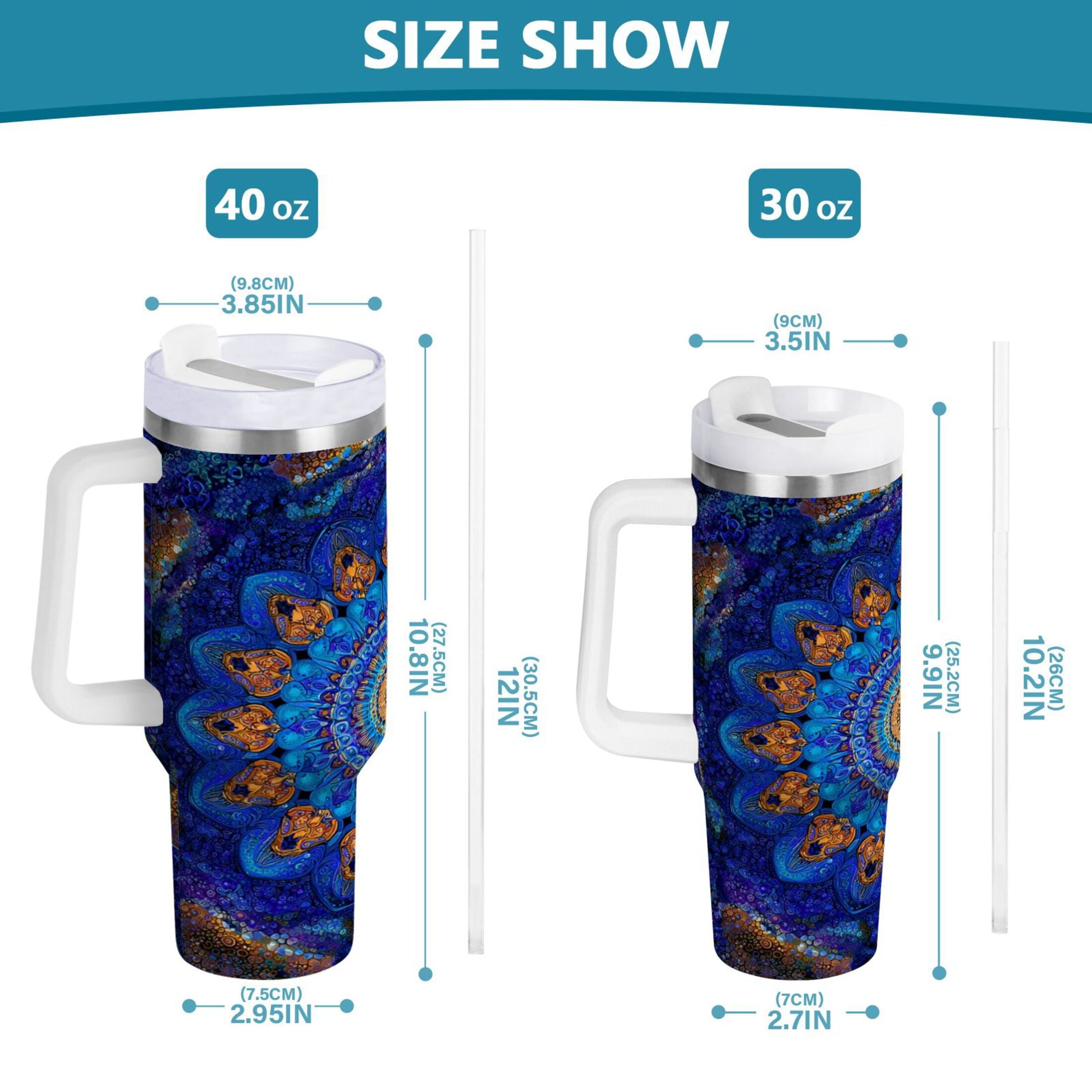 30 oz Insulated Stainless Steel Tumbler Double Wall Stainless Steel Tumbler with 2-Way Drinking Blue Kaleidoscopic Pattern JV83