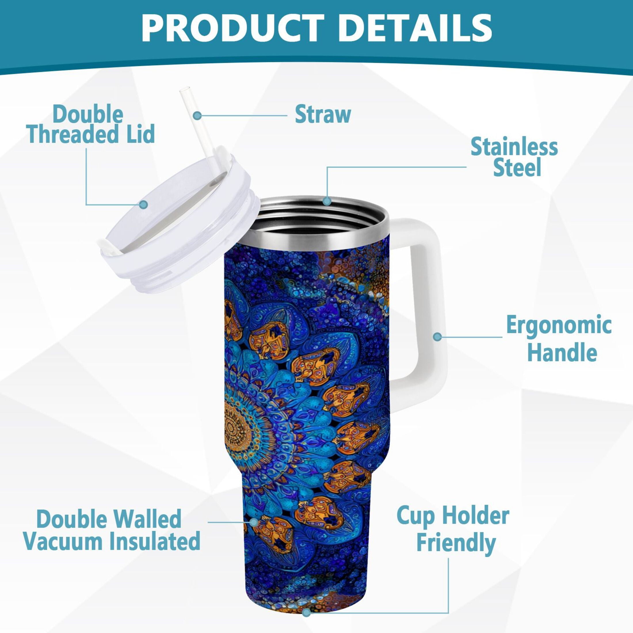 30 oz Insulated Stainless Steel Tumbler Double Wall Stainless Steel Tumbler with 2-Way Drinking Blue Kaleidoscopic Pattern JV83