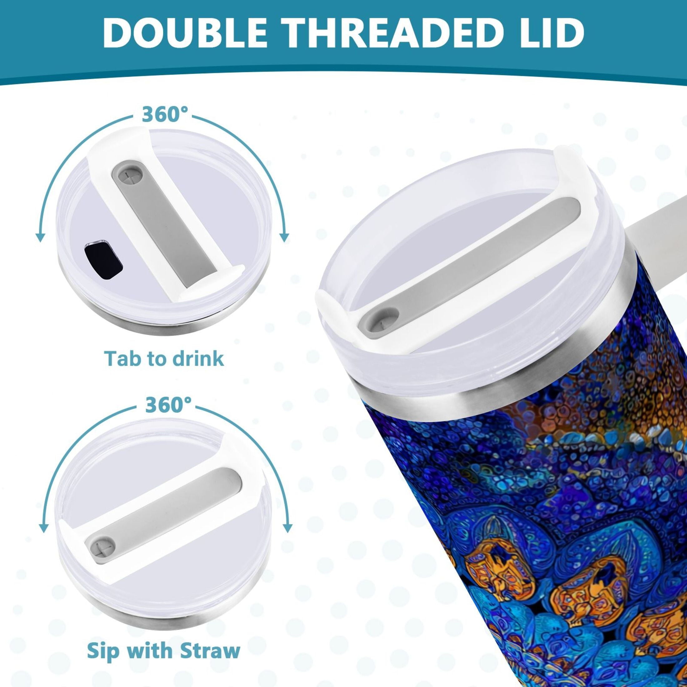 30 oz Insulated Stainless Steel Tumbler Double Wall Stainless Steel Tumbler with 2-Way Drinking Blue Kaleidoscopic Pattern JV83