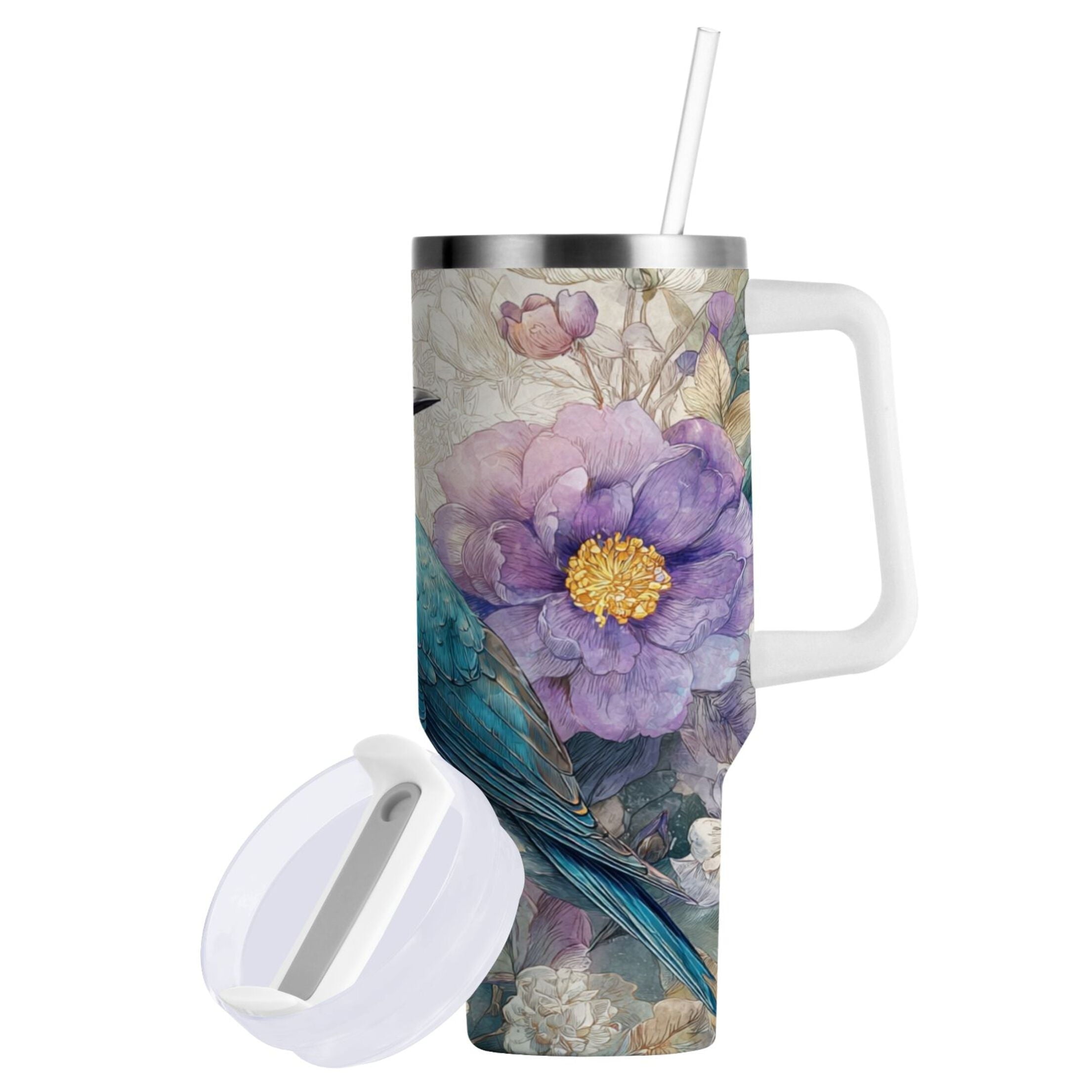 30 oz Insulated Stainless Steel Tumbler Double Wall Stainless Steel Tumbler with 2-Way Drinking Bluebird and Flower 0R2N