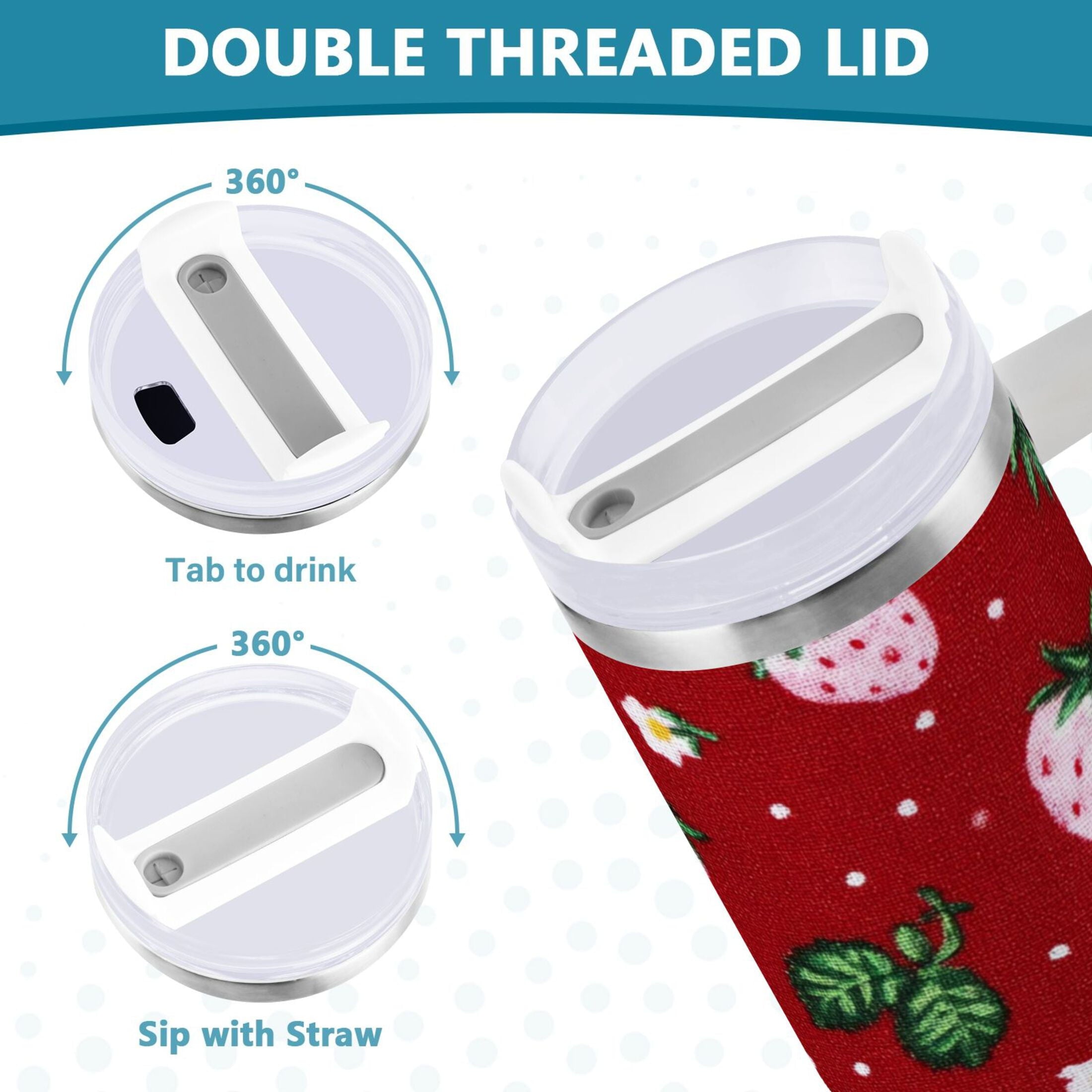 30 oz Insulated Stainless Steel Tumbler Double Wall Stainless Steel Tumbler with 2-Way Drinking Cute Pink Strawberry Pattern 7XWJ