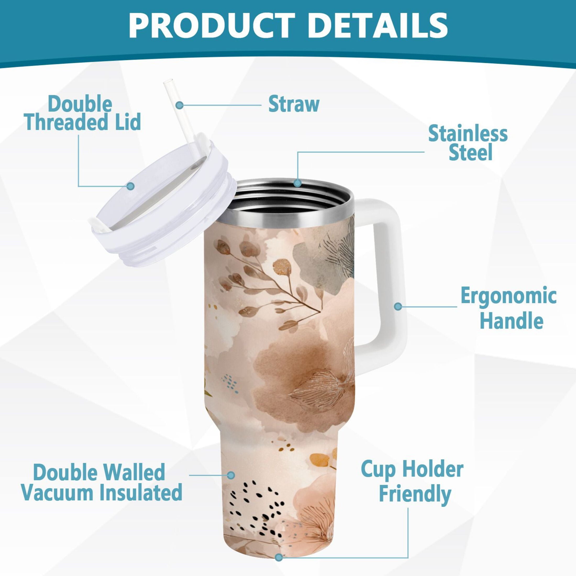 30 oz Insulated Stainless Steel Tumbler Double Wall Stainless Steel Tumbler with 2-Way Drinking Hazy Ethereal Flowers J016