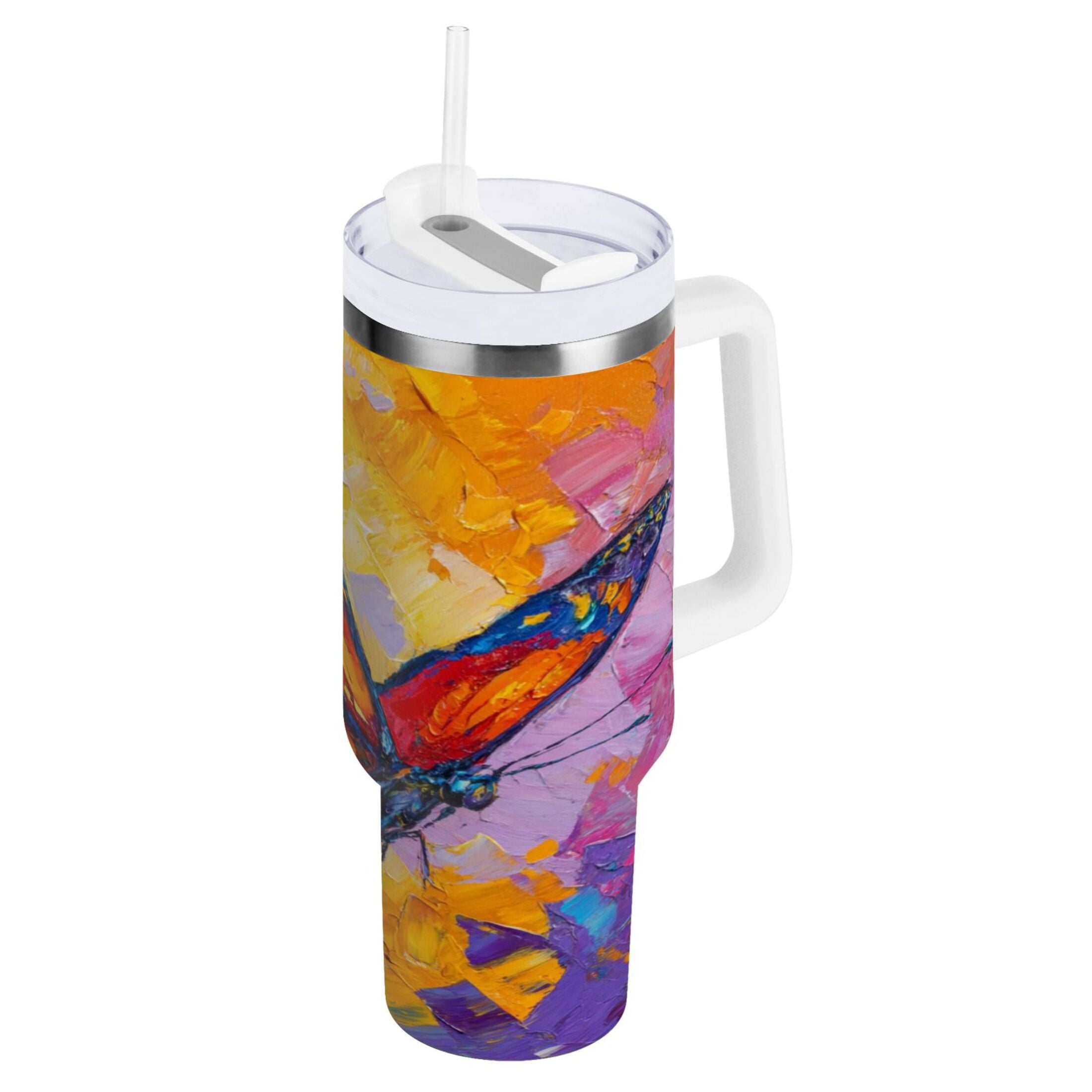 30 oz Insulated Stainless Steel Tumbler Double Wall Stainless Steel Tumbler with 2-Way Drinking Colorful Butterfly Flying VSCU