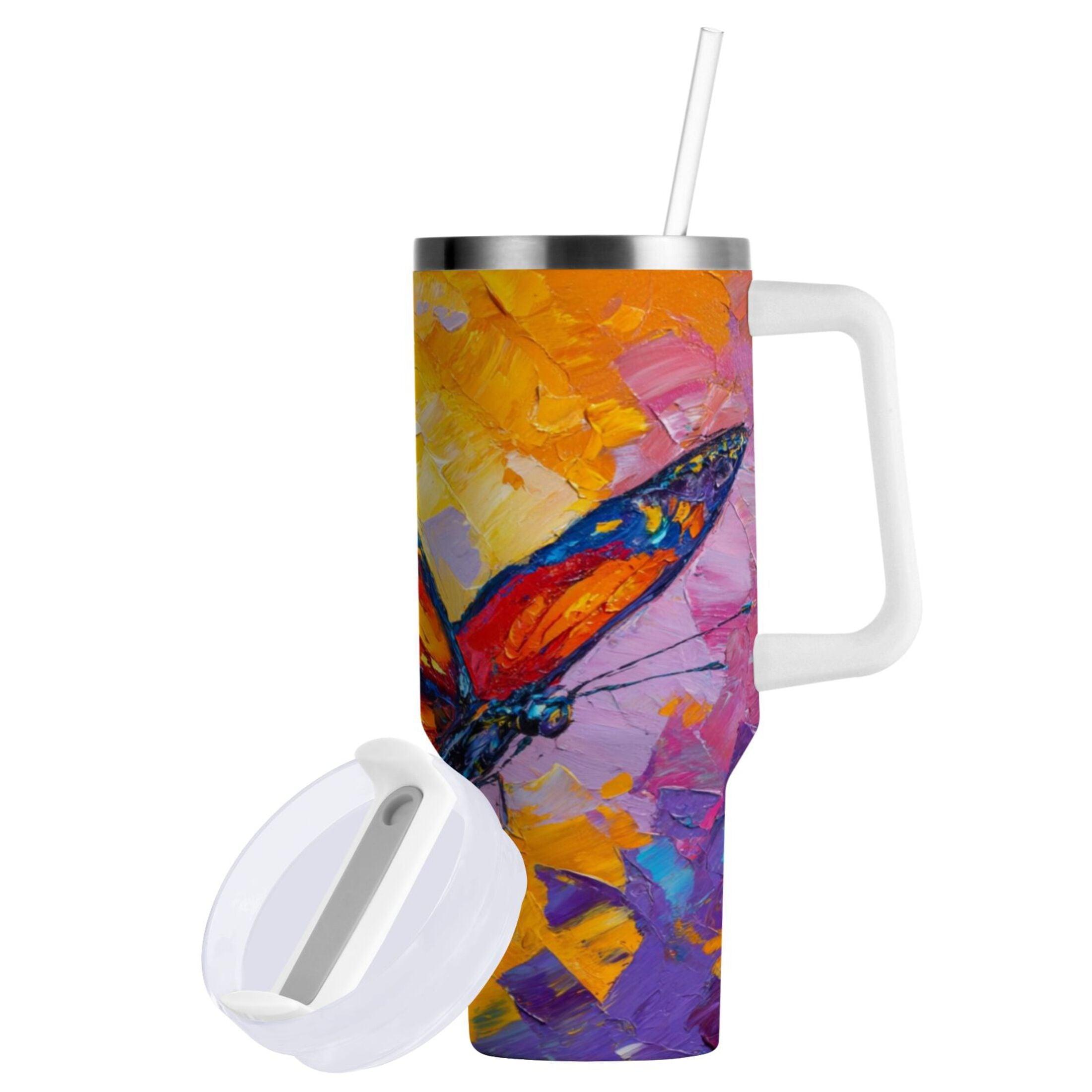 30 oz Insulated Stainless Steel Tumbler Double Wall Stainless Steel Tumbler with 2-Way Drinking Colorful Butterfly Flying VSCU