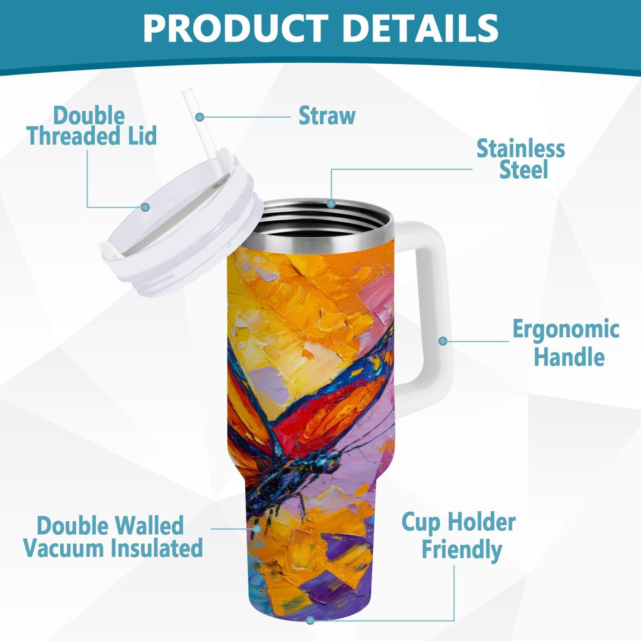 30 oz Insulated Stainless Steel Tumbler Double Wall Stainless Steel Tumbler with 2-Way Drinking Colorful Butterfly Flying VSCU
