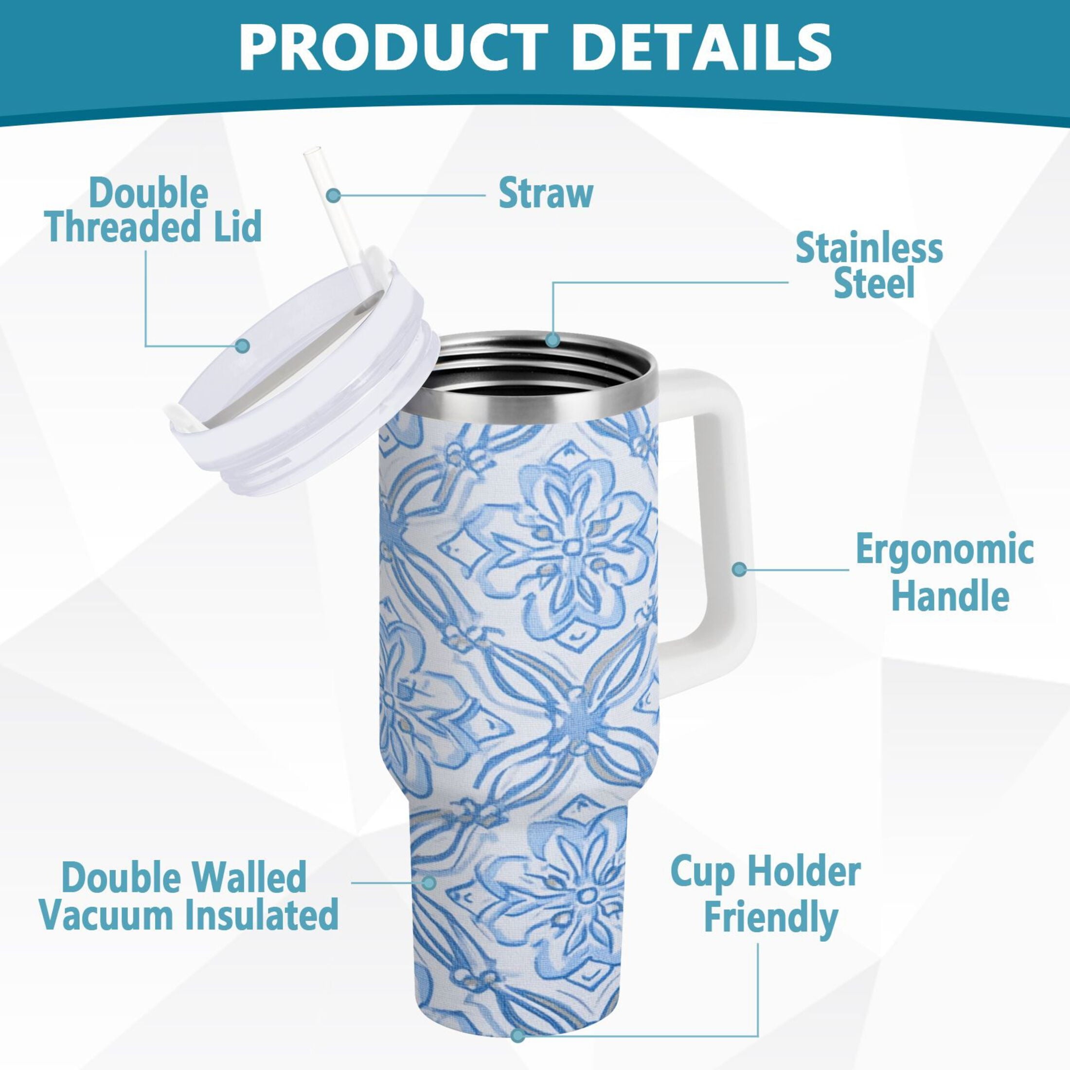 30 oz Insulated Stainless Steel Tumbler Double Wall Stainless Steel Tumbler with 2-Way Drinking Blue Elegant Geometric Design EL0S