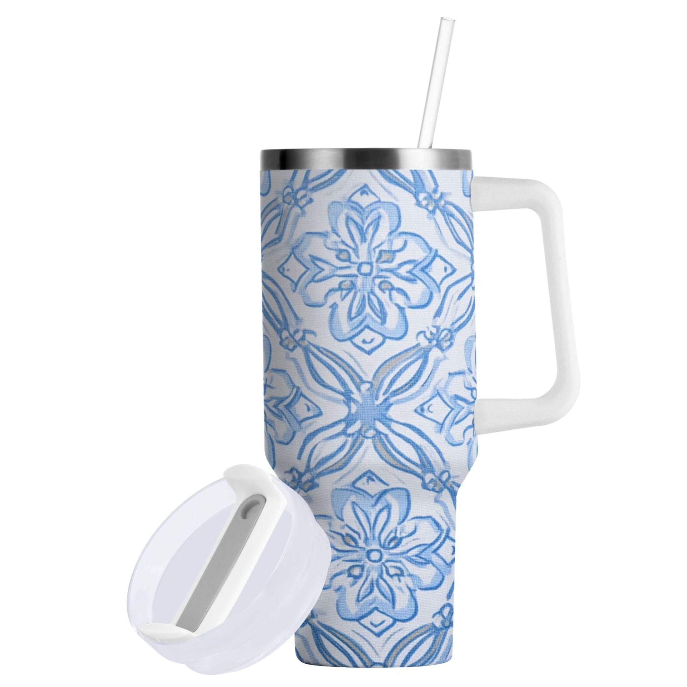 30 oz Insulated Stainless Steel Tumbler Double Wall Stainless Steel Tumbler with 2-Way Drinking Blue Elegant Geometric Design EL0S
