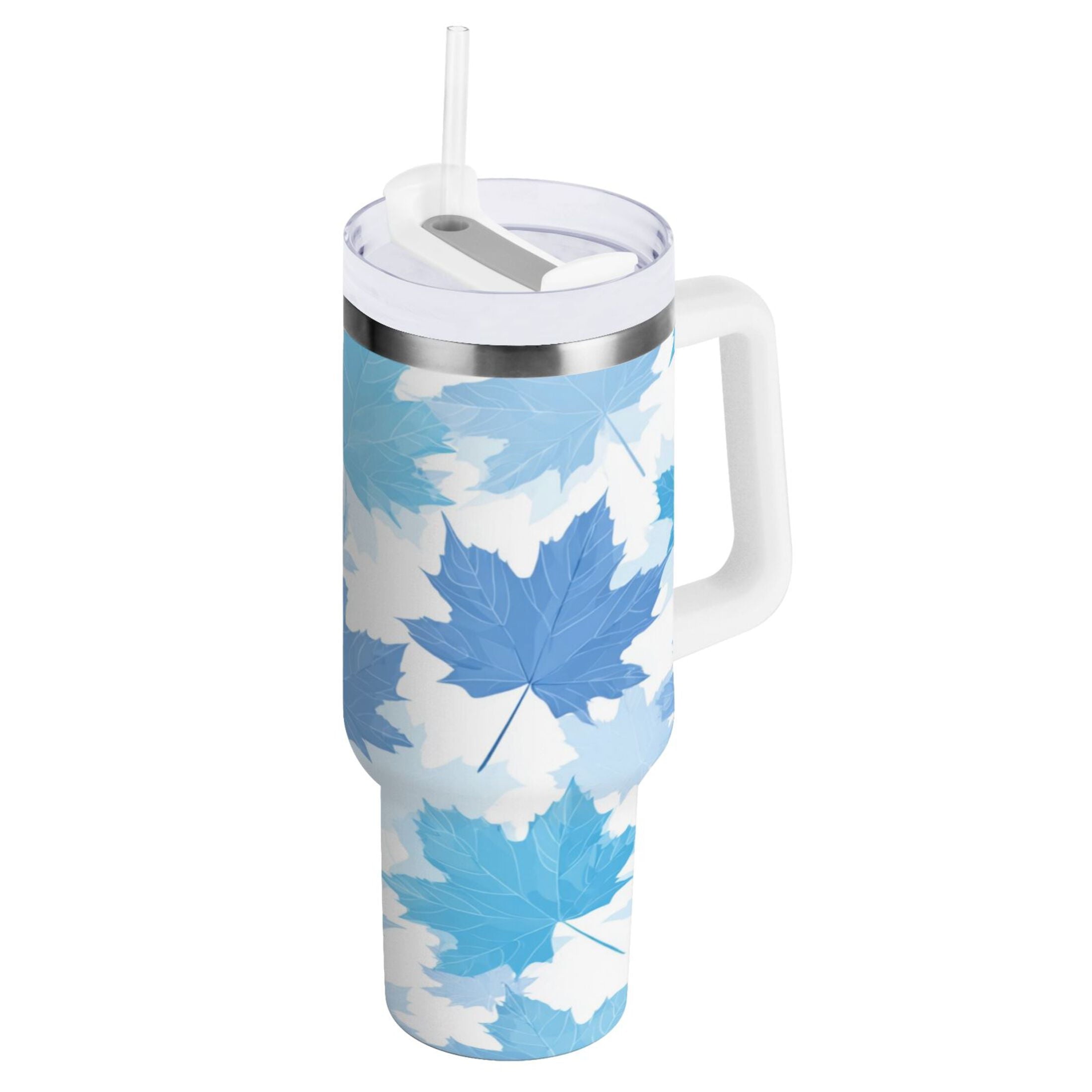 30 oz Insulated Stainless Steel Tumbler Double Wall Stainless Steel Tumbler with 2-Way Drinking Light Blue Maple Leaves FJFU