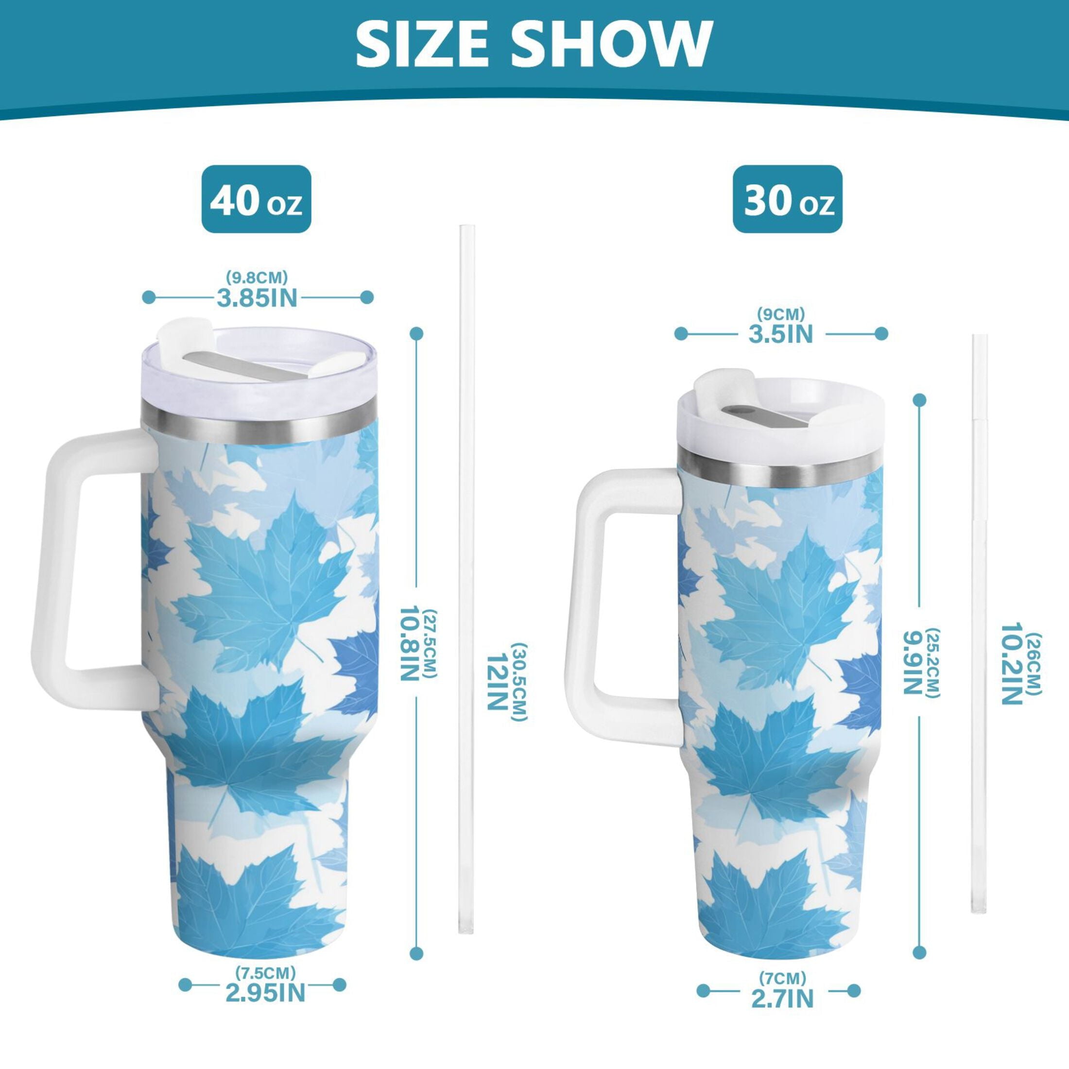 30 oz Insulated Stainless Steel Tumbler Double Wall Stainless Steel Tumbler with 2-Way Drinking Light Blue Maple Leaves FJFU