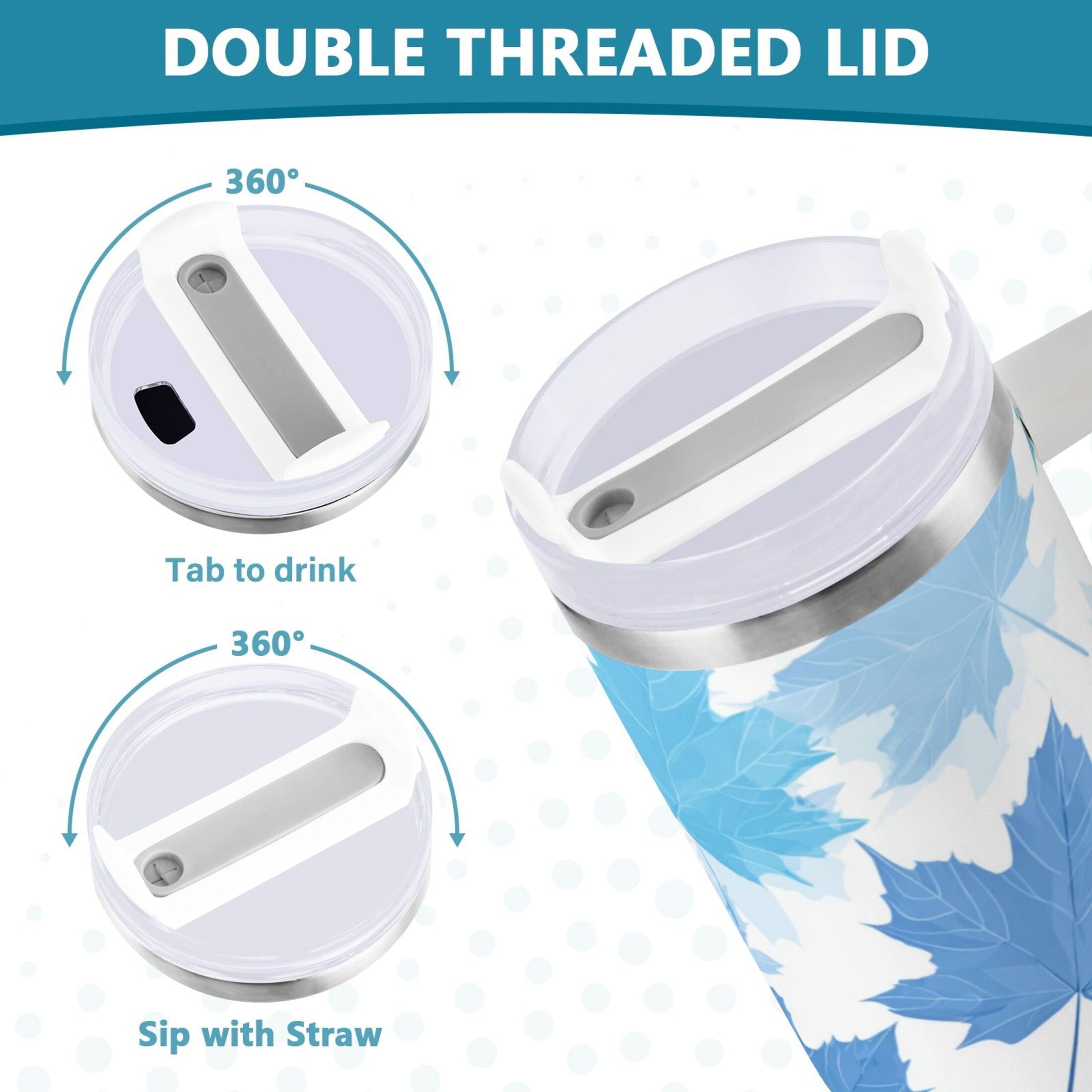 30 oz Insulated Stainless Steel Tumbler Double Wall Stainless Steel Tumbler with 2-Way Drinking Light Blue Maple Leaves FJFU