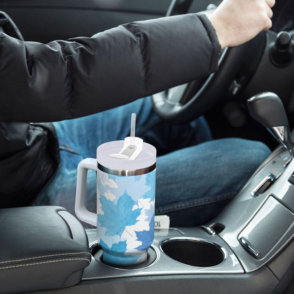30 oz Insulated Stainless Steel Tumbler Double Wall Stainless Steel Tumbler with 2-Way Drinking Light Blue Maple Leaves FJFU