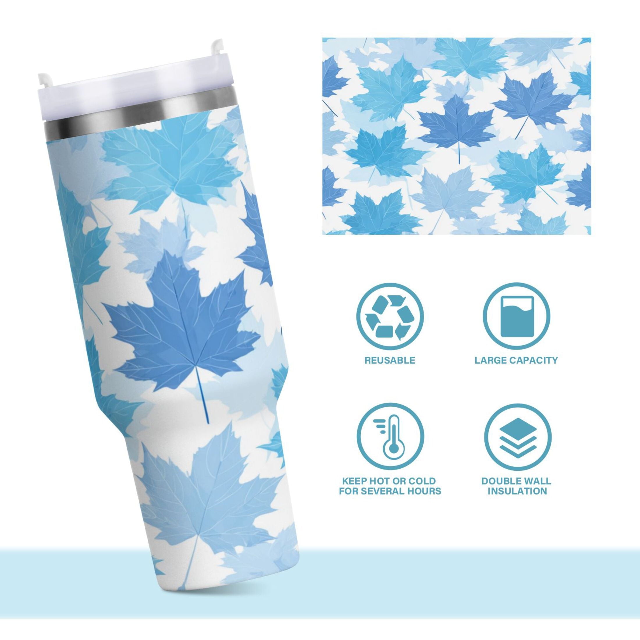 30 oz Insulated Stainless Steel Tumbler Double Wall Stainless Steel Tumbler with 2-Way Drinking Light Blue Maple Leaves FJFU