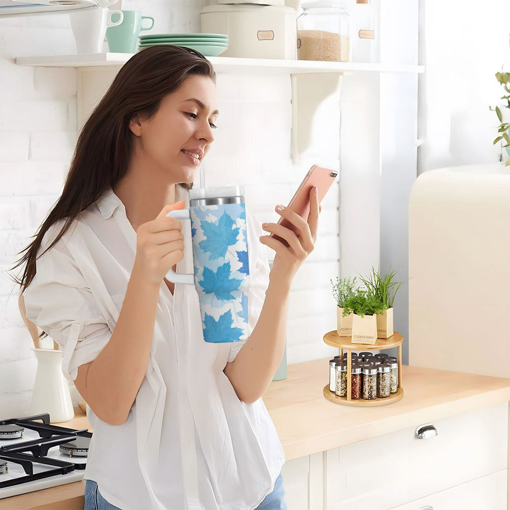 30 oz Insulated Stainless Steel Tumbler Double Wall Stainless Steel Tumbler with 2-Way Drinking Light Blue Maple Leaves FJFU