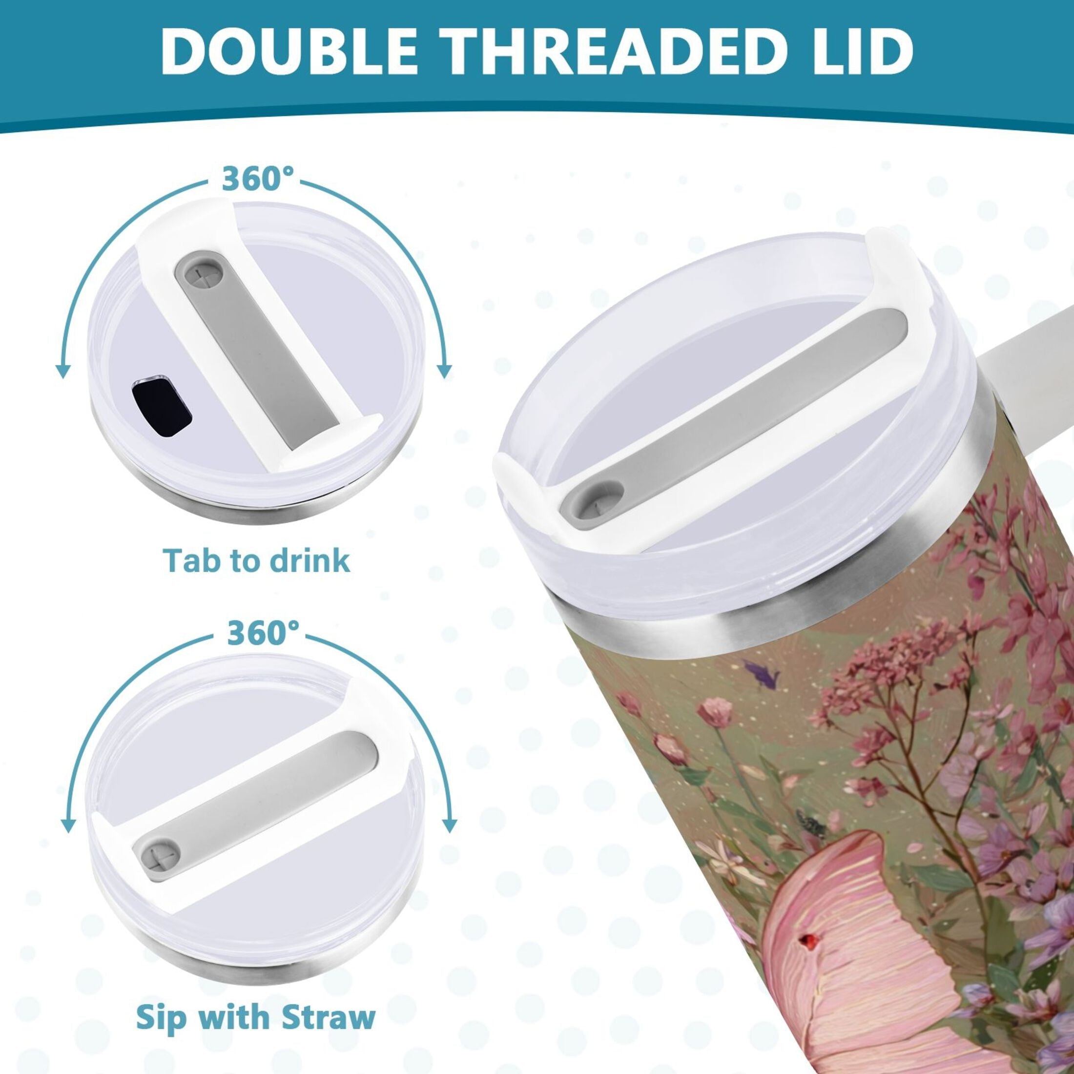 30 oz Insulated Stainless Steel Tumbler Double Wall Stainless Steel Tumbler with 2-Way Drinking Delicate Butterfly DBKC
