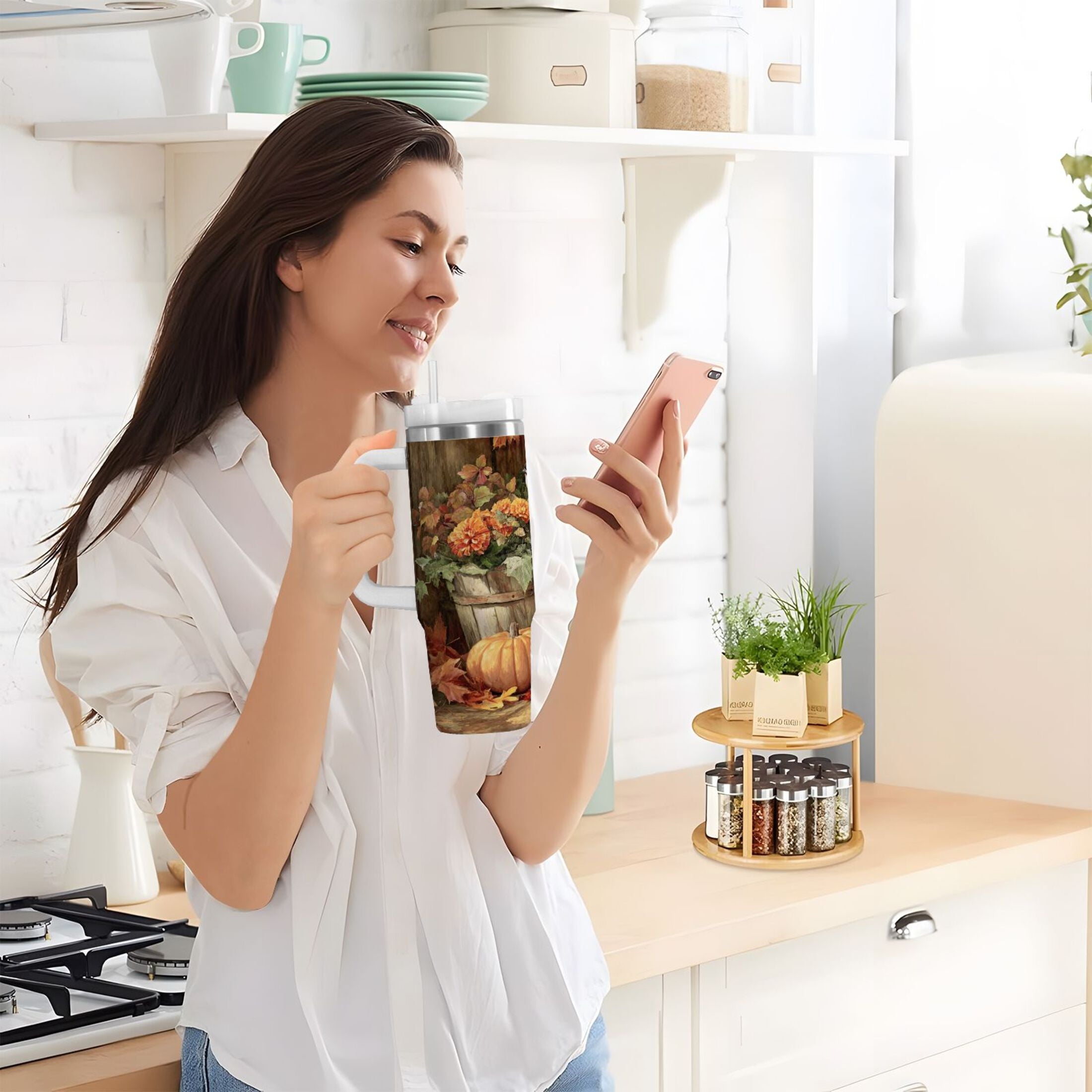 30 oz Insulated Stainless Steel Tumbler Double Wall Stainless Steel Tumbler with 2-Way Drinking Beautiful Fall Scene FW9T