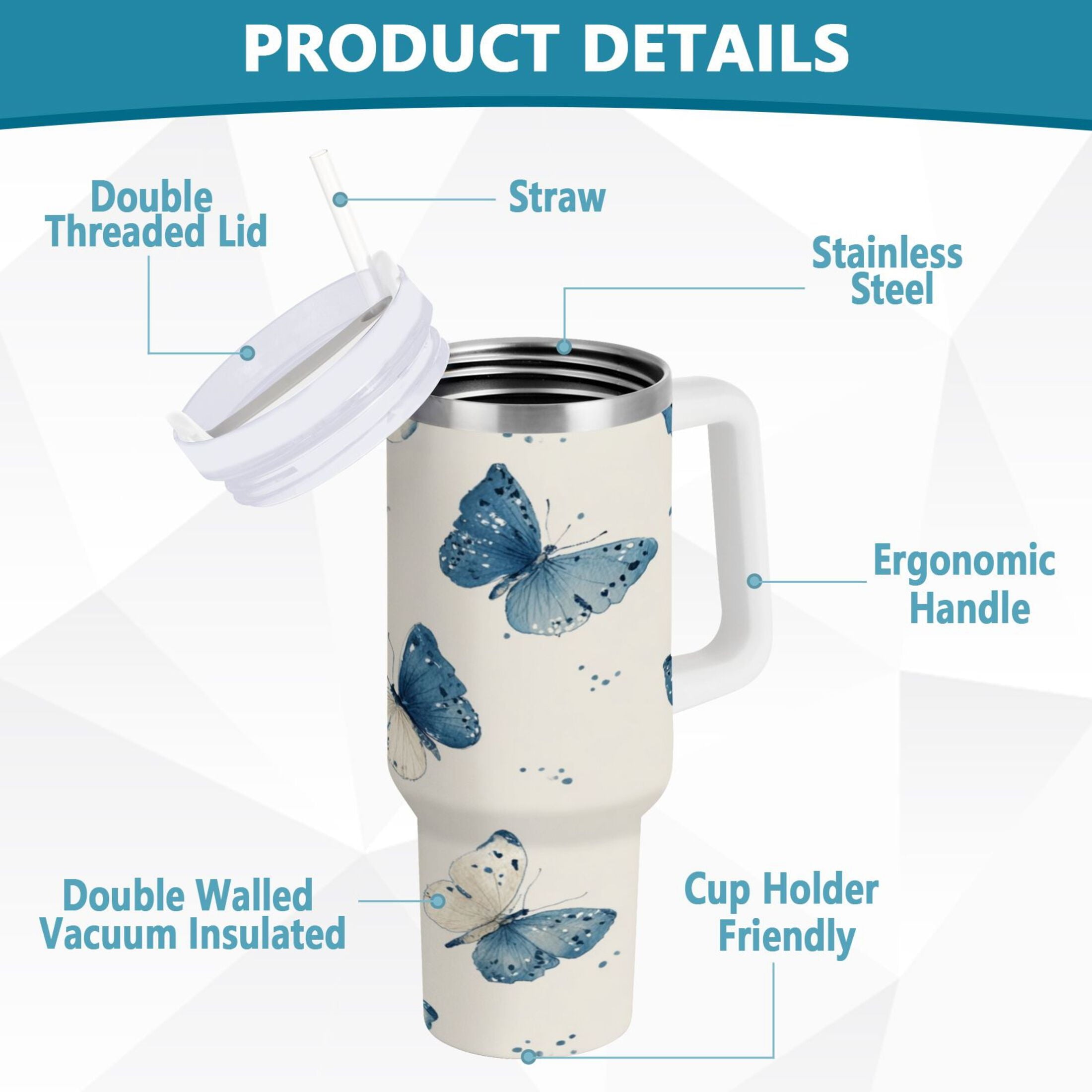 30 oz Insulated Stainless Steel Tumbler Double Wall Stainless Steel Tumbler with 2-Way Drinking Blue Watercolor Butterflies 5KFT