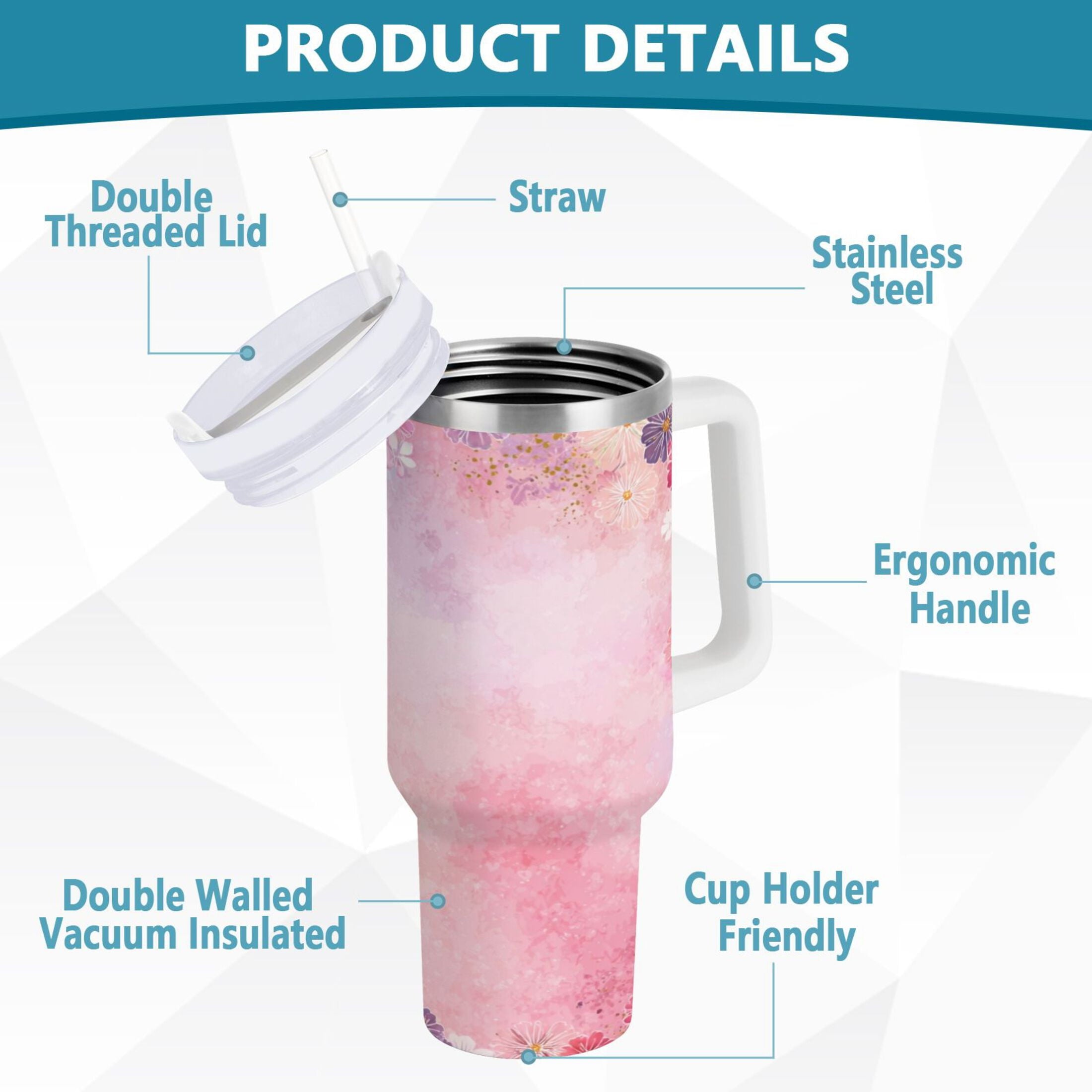 30 oz Insulated Stainless Steel Tumbler Double Wall Stainless Steel Tumbler with 2-Way Drinking Colorful Pastel Floral Pattern 9DI1