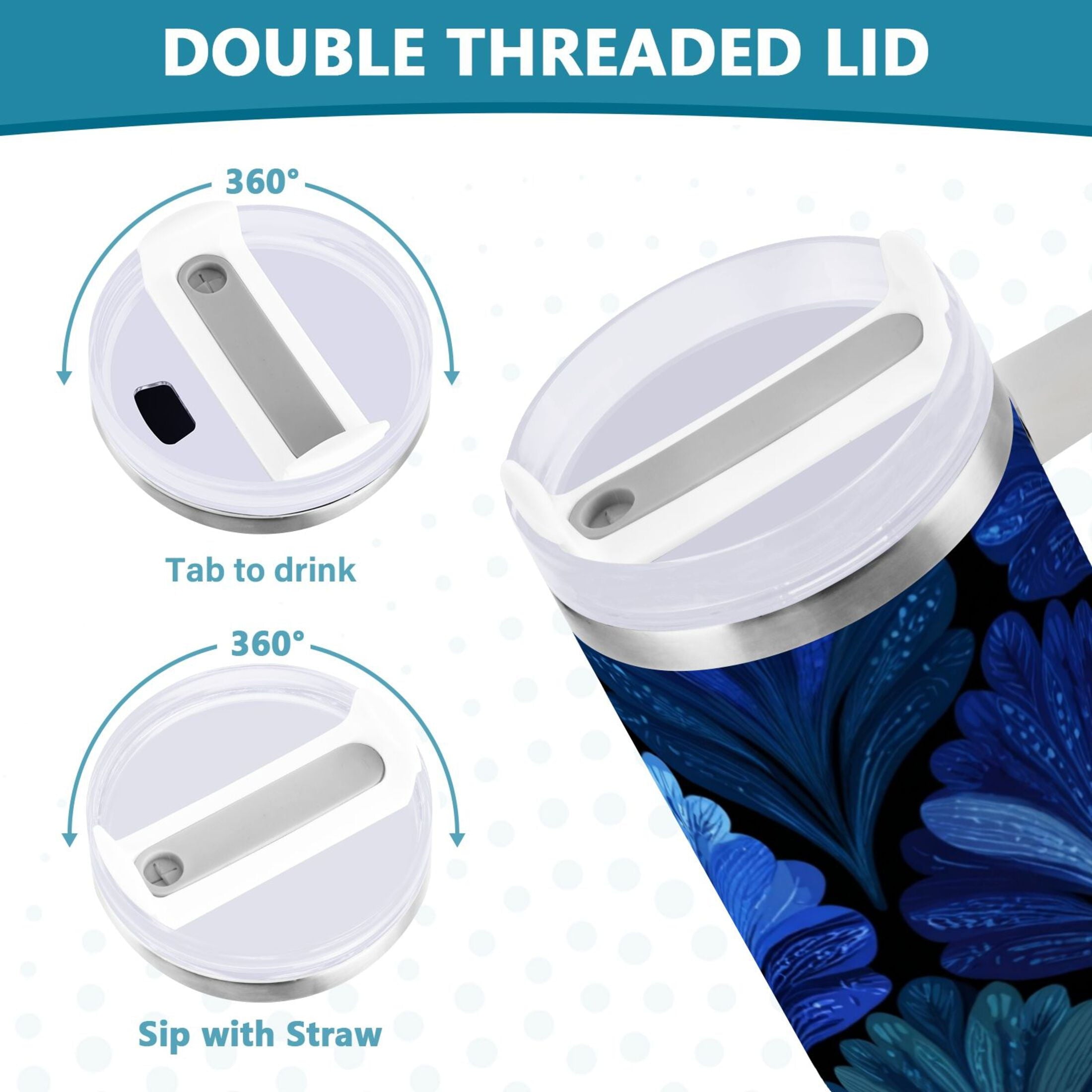 30 oz Insulated Stainless Steel Tumbler Double Wall Stainless Steel Tumbler with 2-Way Drinking Blue Batik Leaves Pattern 16PB