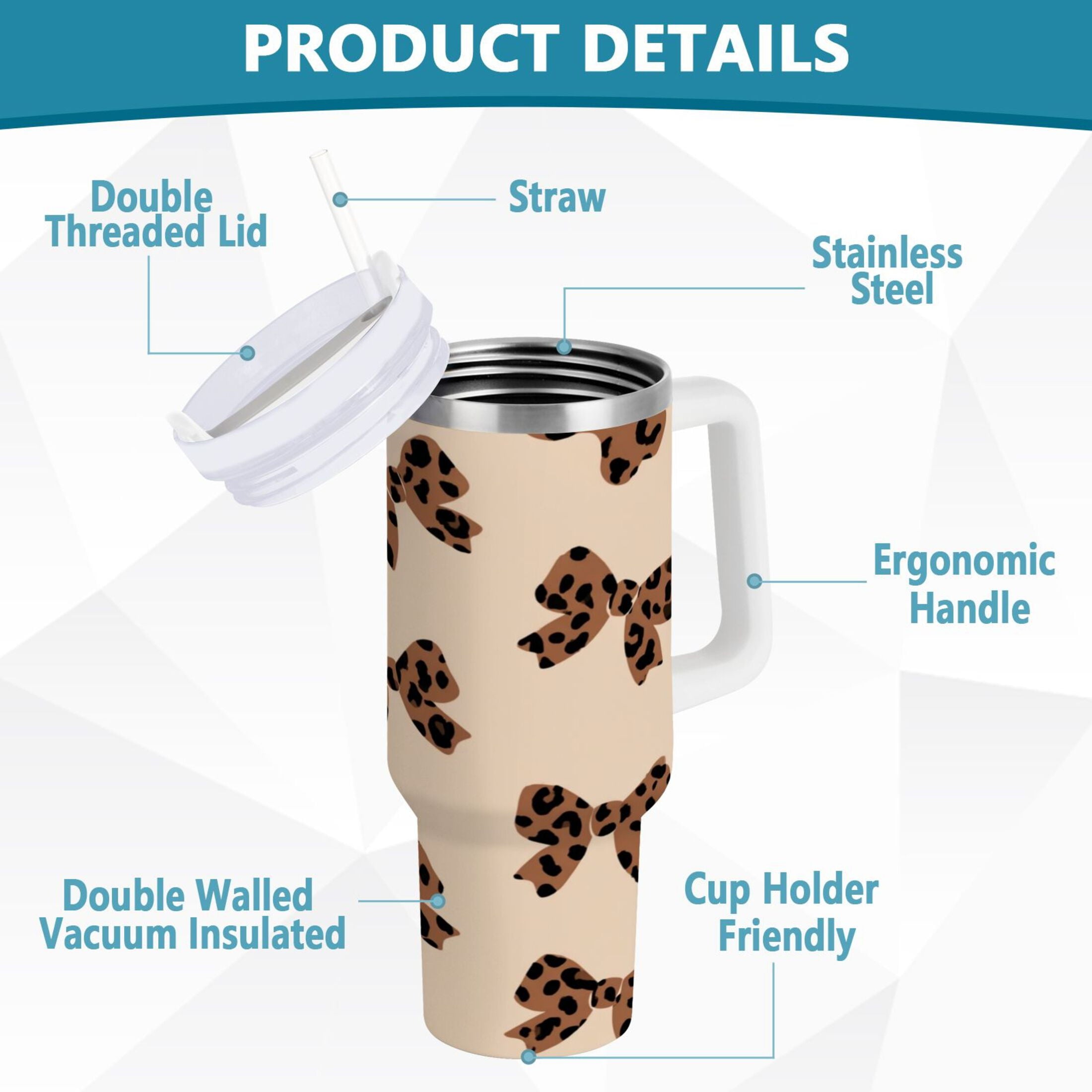 30 oz Insulated Stainless Steel Tumbler Double Wall Stainless Steel Tumbler with 2-Way Drinking Cute Brown Bow NDZP
