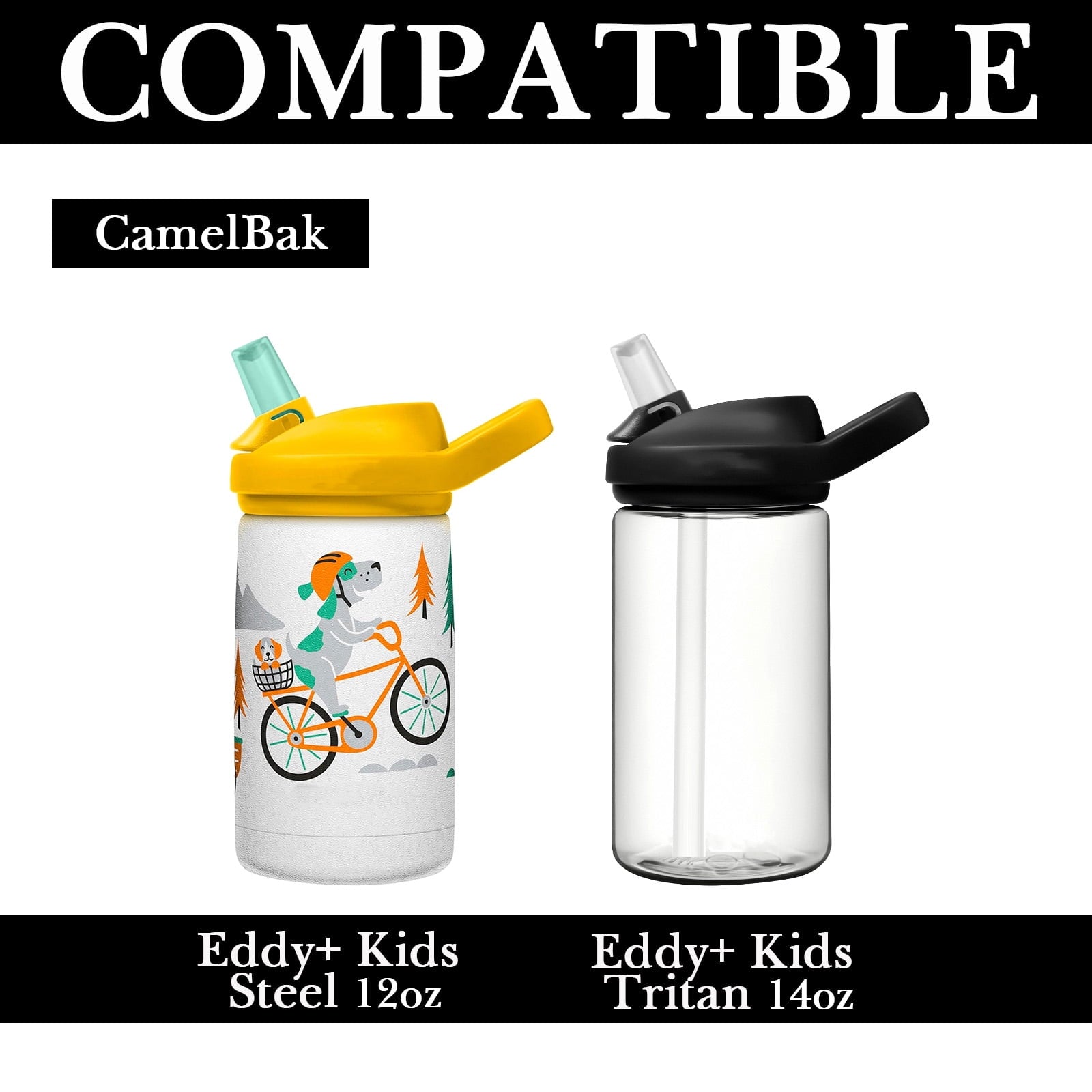 Linkidea Water Bottle Sleeve Compatible with CamelBak Eddy+ Tritan 14oz, Steel 12oz Kids Bottle, Waterbottle Holder Bag with Name Tag, Black BT2G