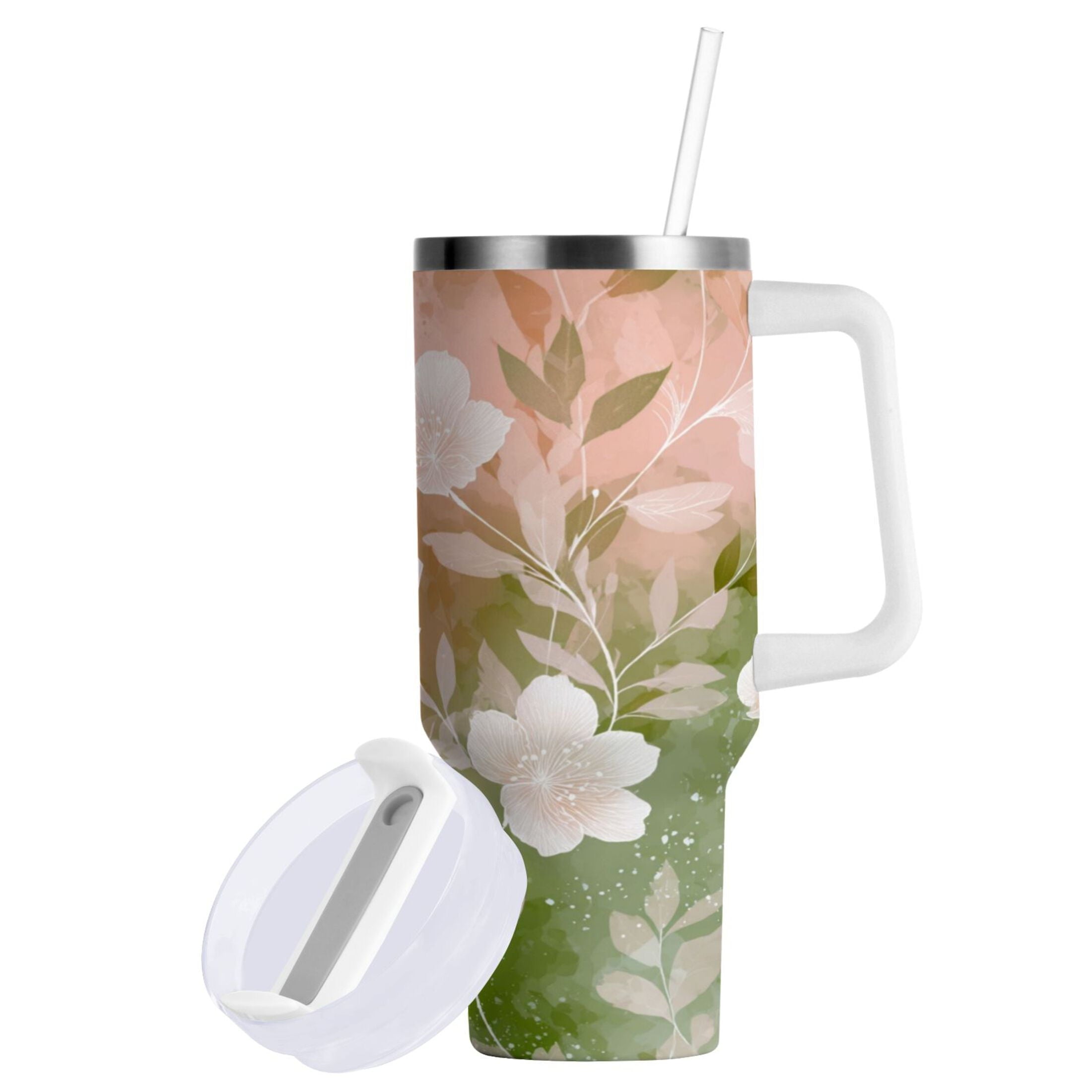 30 oz Insulated Stainless Steel Tumbler Double Wall Stainless Steel Tumbler with 2-Way Drinking Gradient Elegant Floral MX99