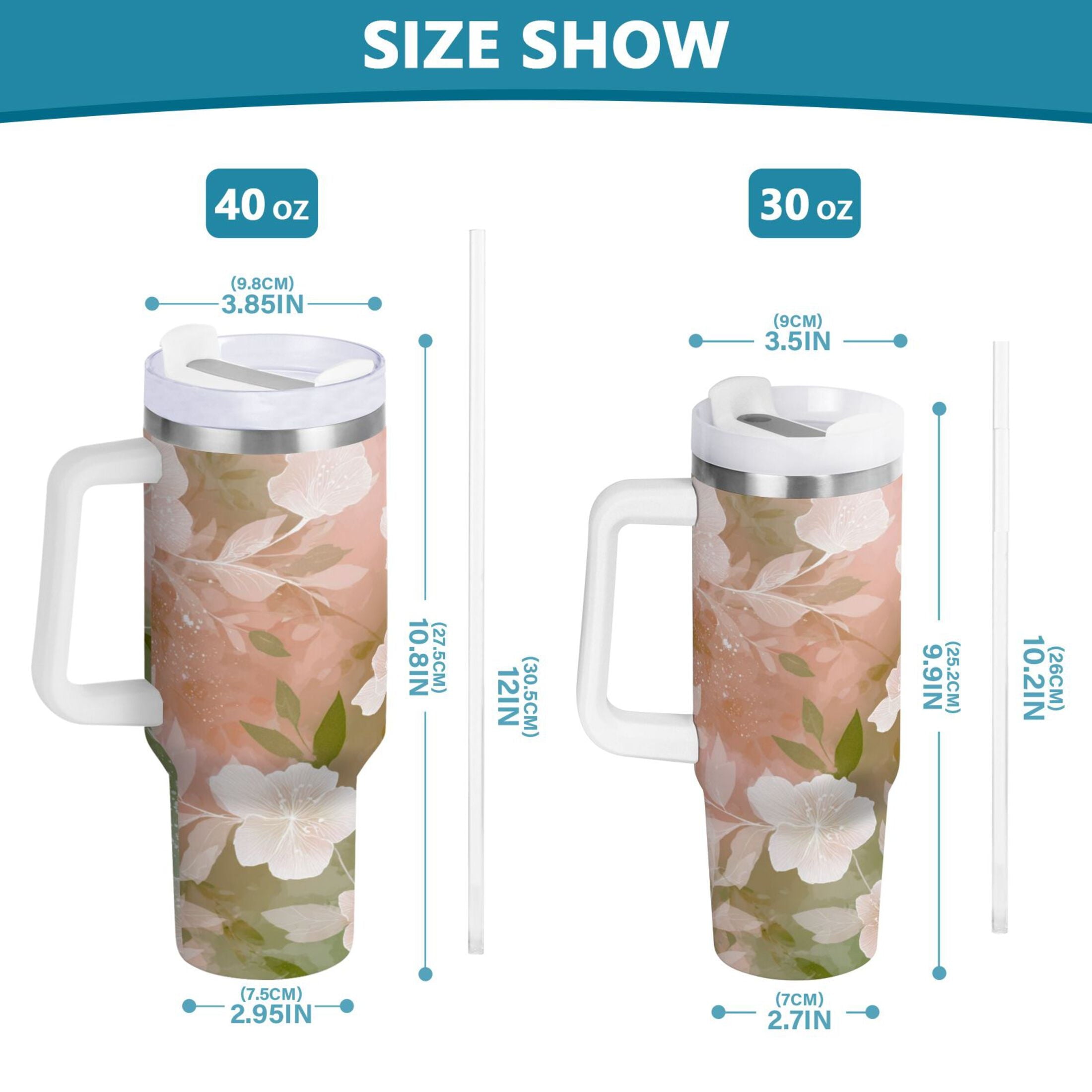 30 oz Insulated Stainless Steel Tumbler Double Wall Stainless Steel Tumbler with 2-Way Drinking Gradient Elegant Floral MX99